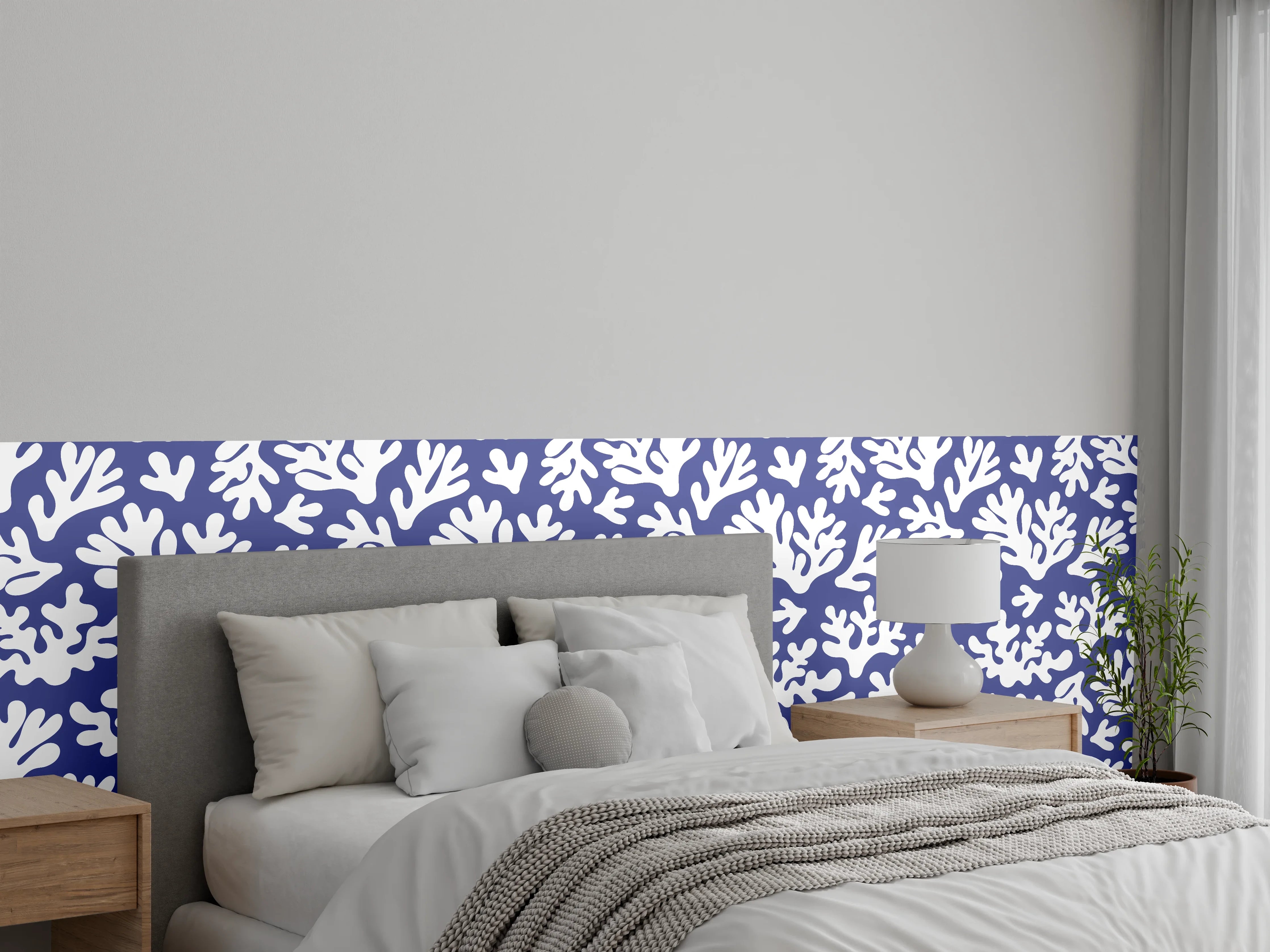 Wandverkleidung Schlafzimmer - Weiße Korallen auf Blau
