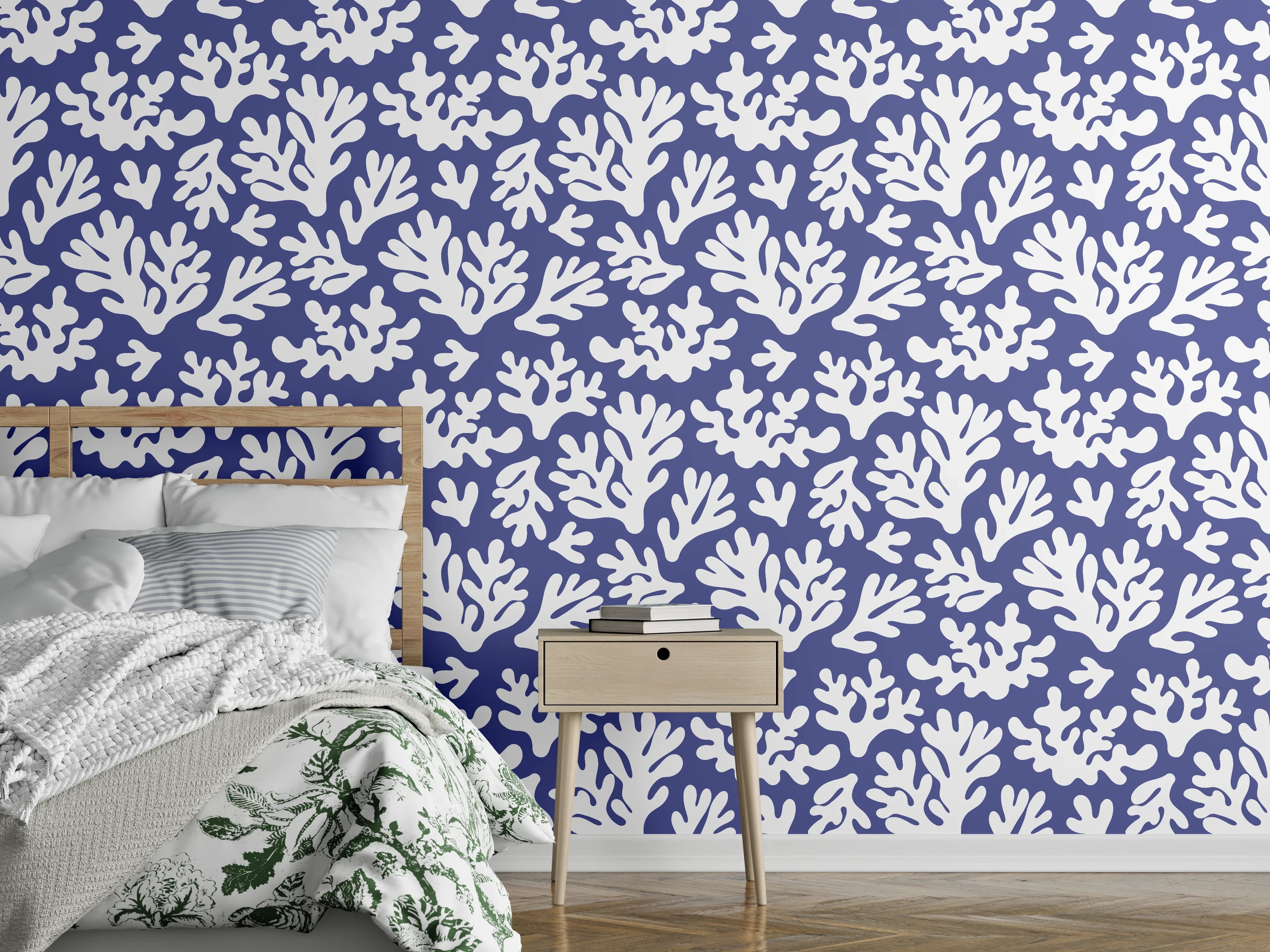 Wandverkleidung Schlafzimmer - Weiße Korallen auf Blau