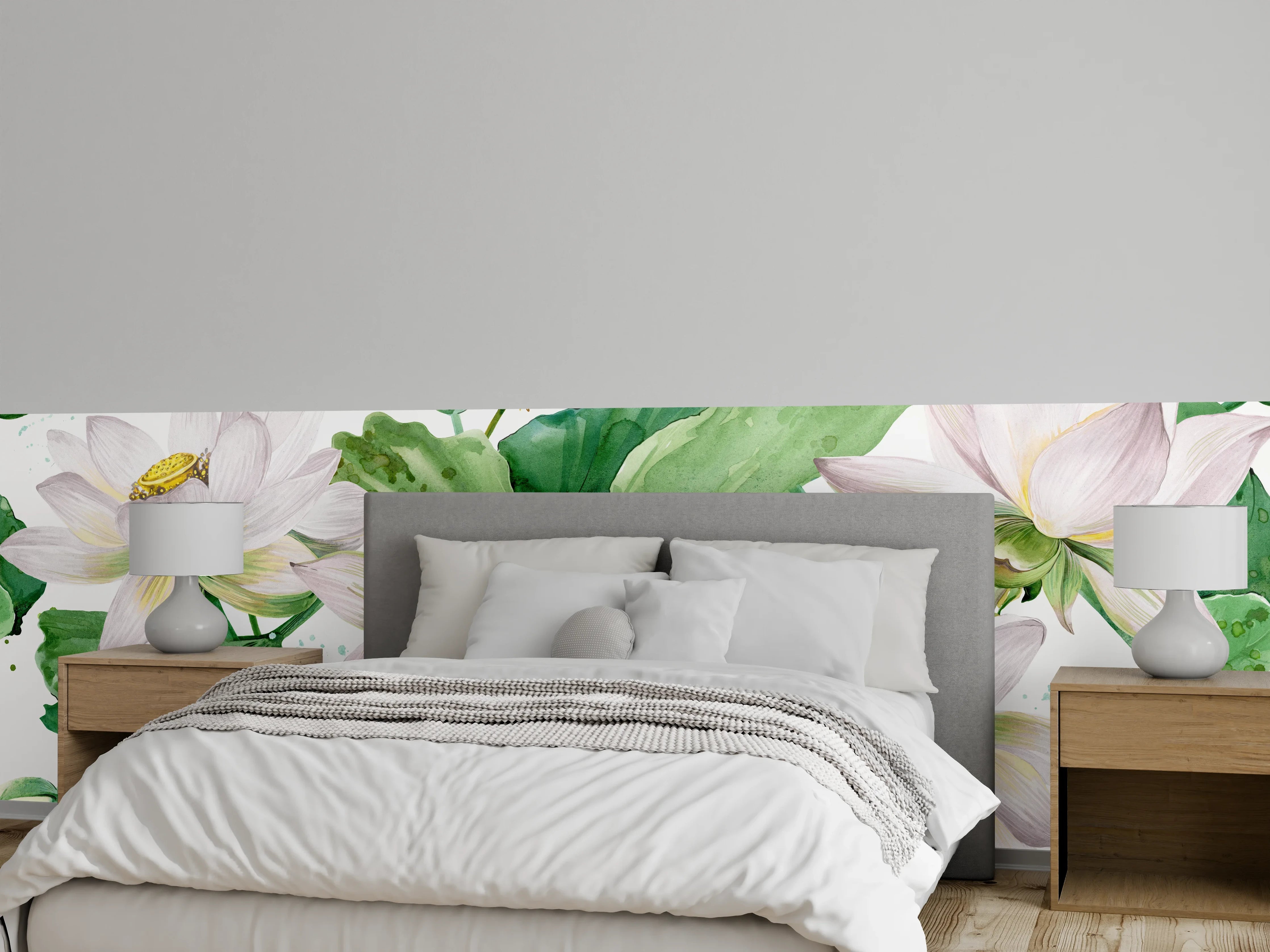 Wandverkleidung Schlafzimmer - Weiße Lotusblumen - nahtlose Muster