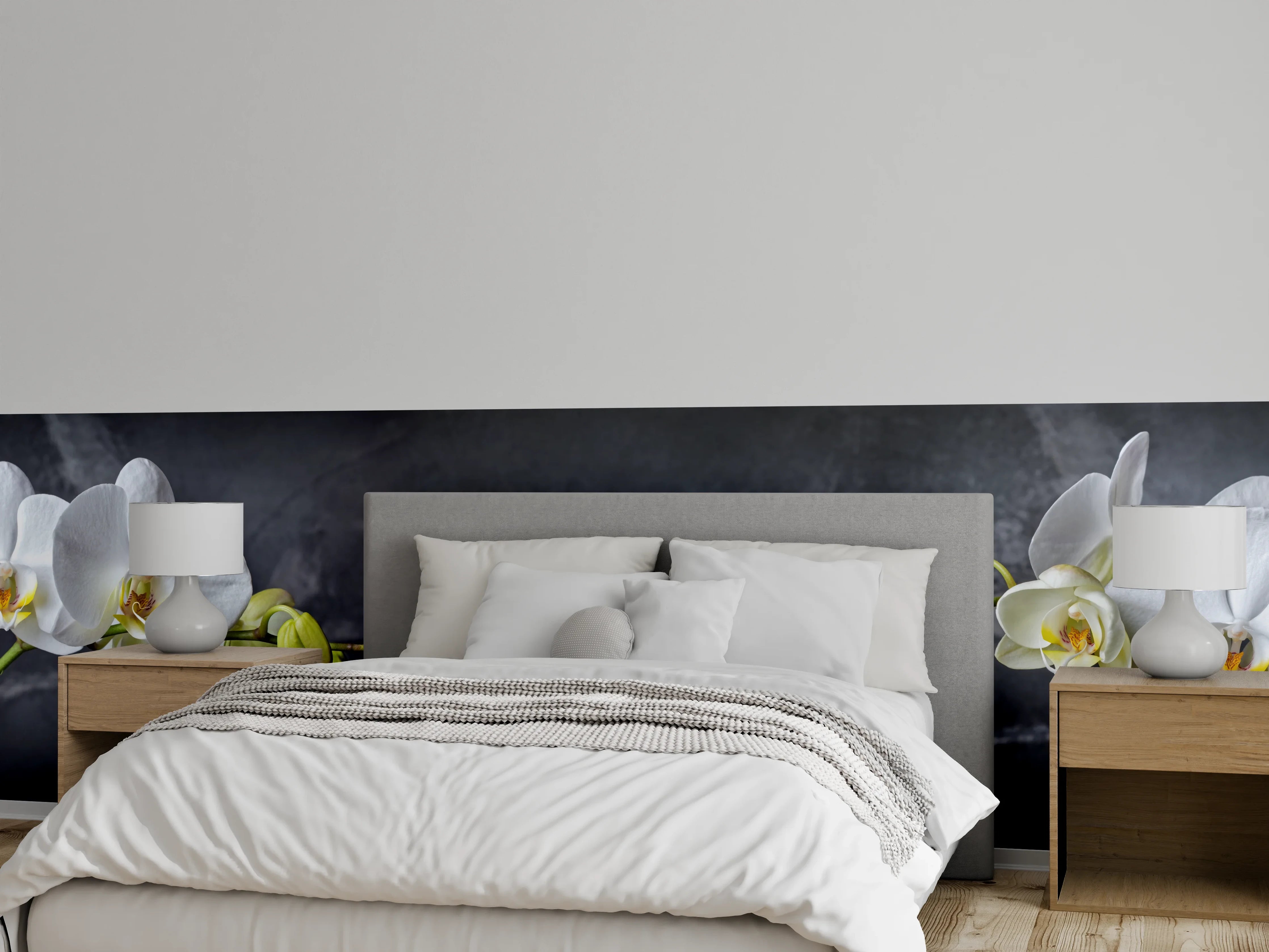 Wandverkleidung Schlafzimmer - Weiße Orchideen auf Marmor