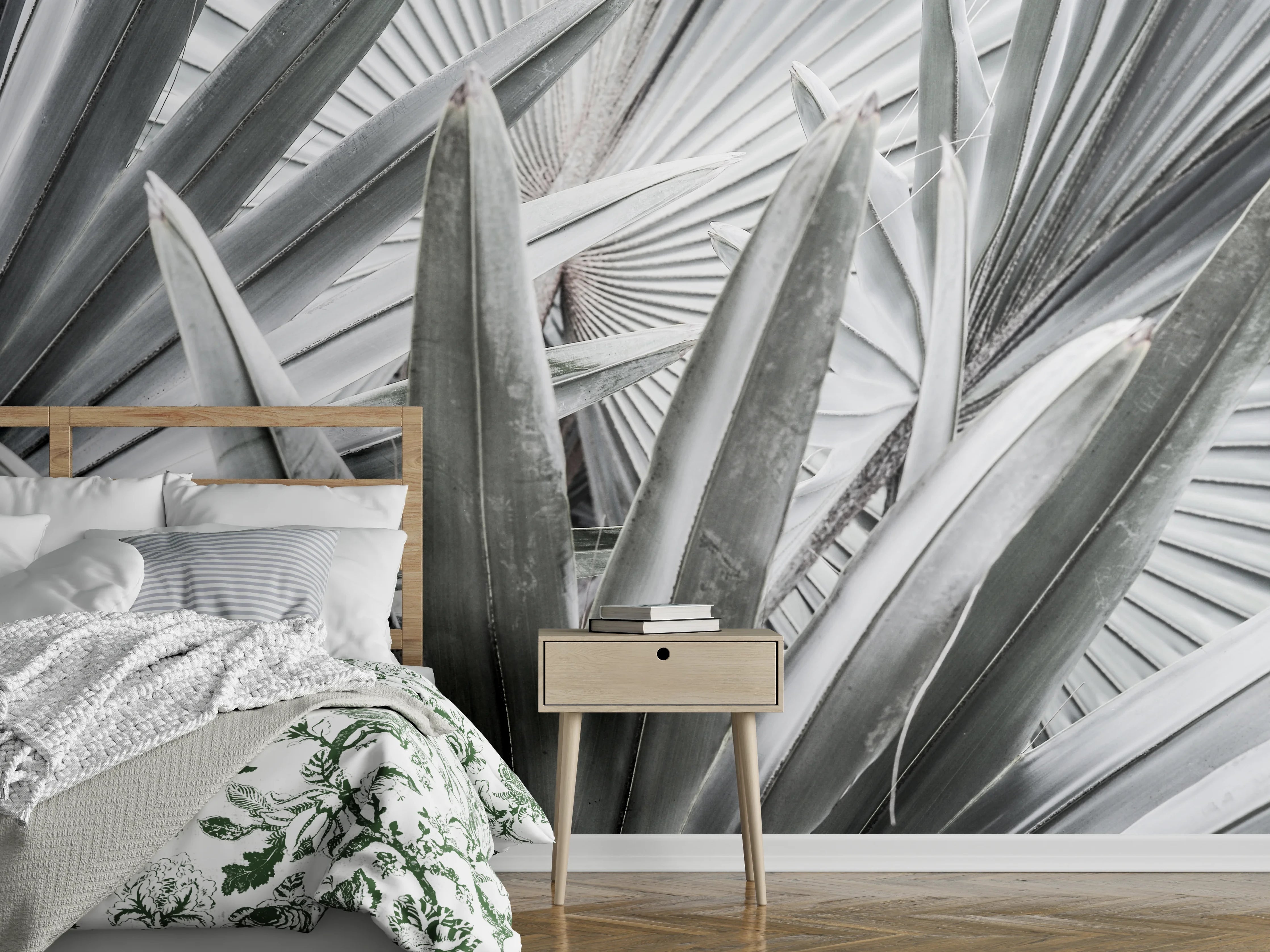 Wandverkleidung Schlafzimmer - Weiße Palmenblätter Fototapete modern