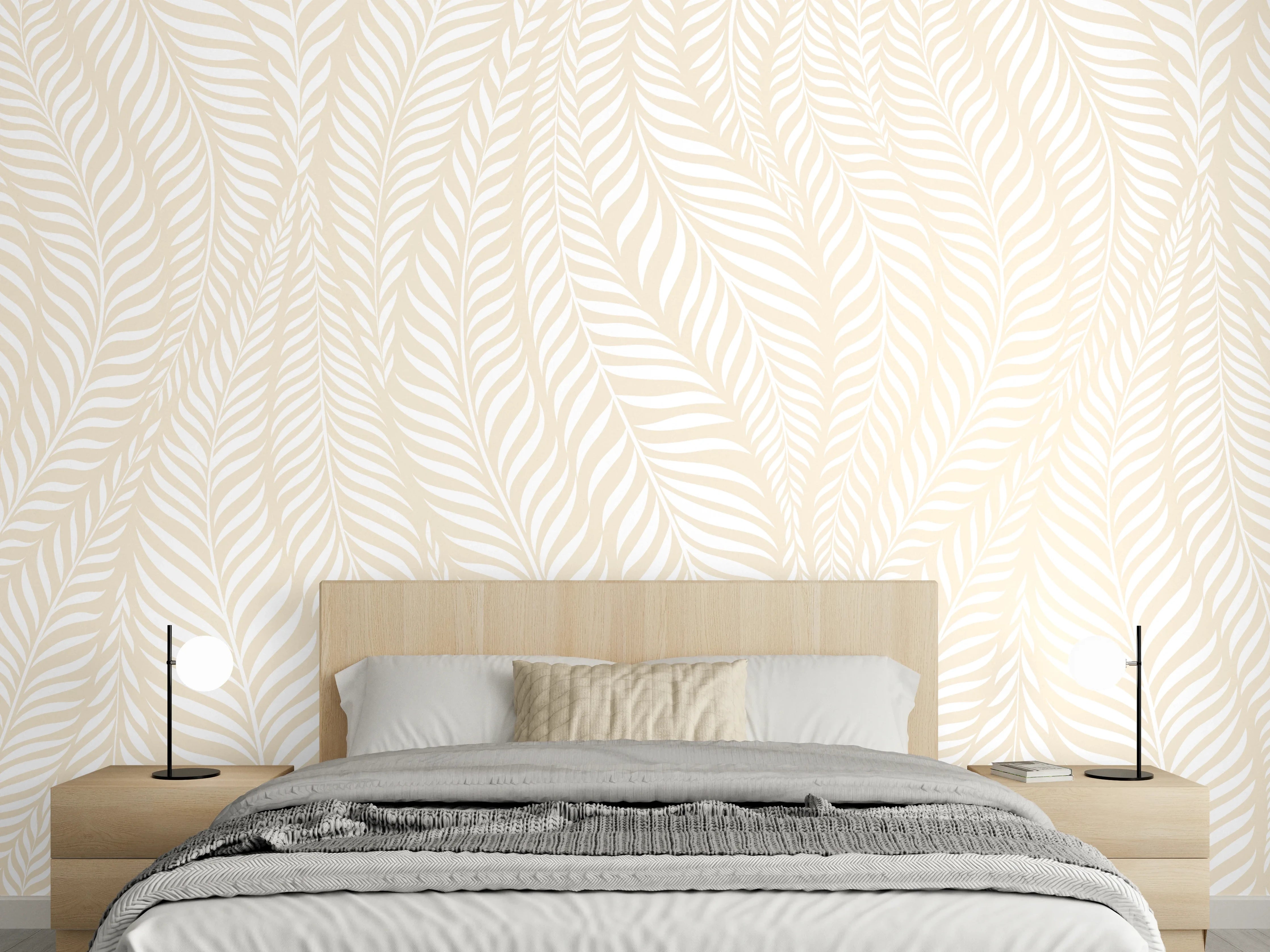 Wandverkleidung Schlafzimmer - Weiße Palmenblätter Wanddesign elegant