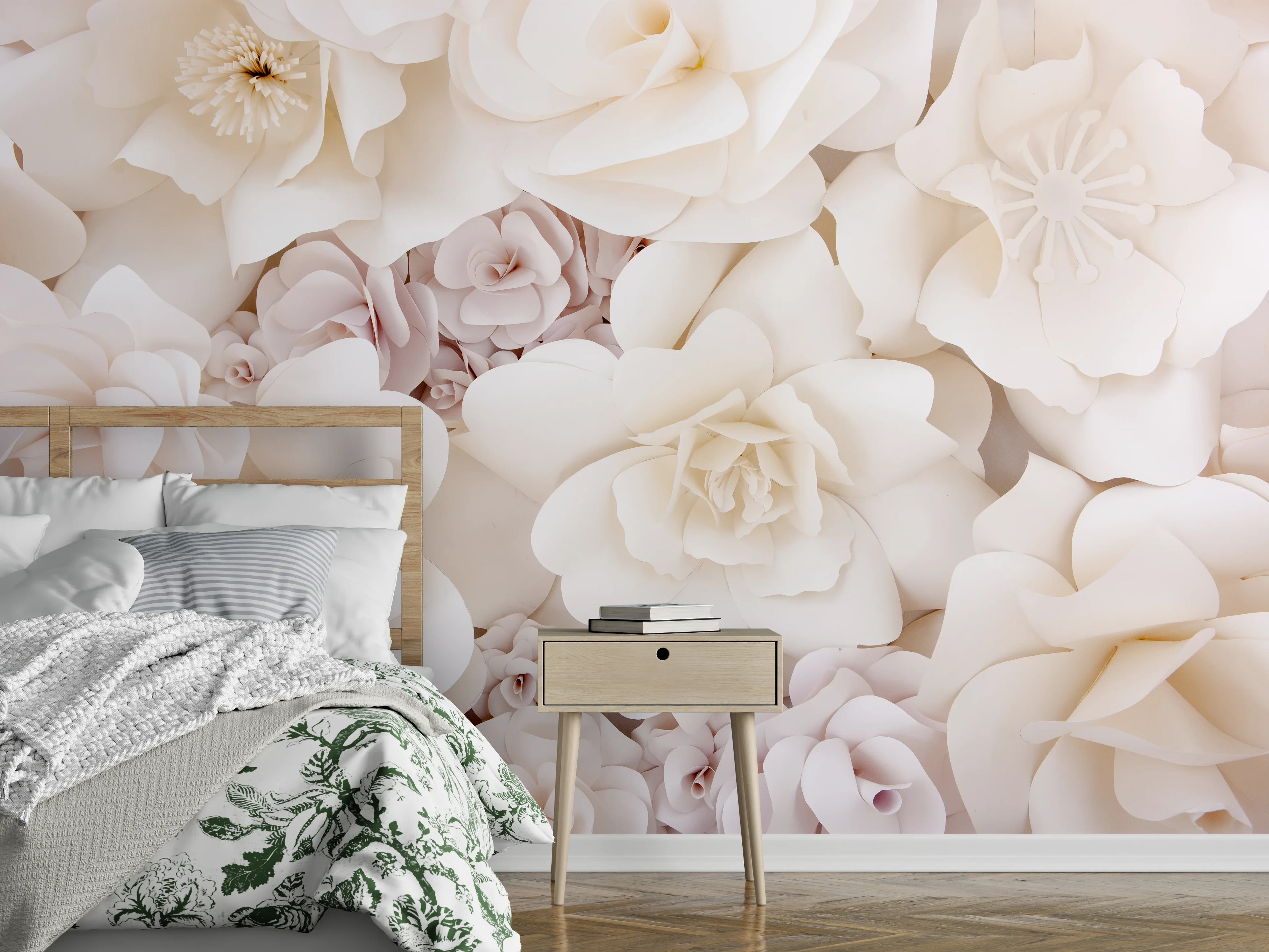 Wandverkleidung Schlafzimmer - Weiße Papierblumen 3D Wanddeko