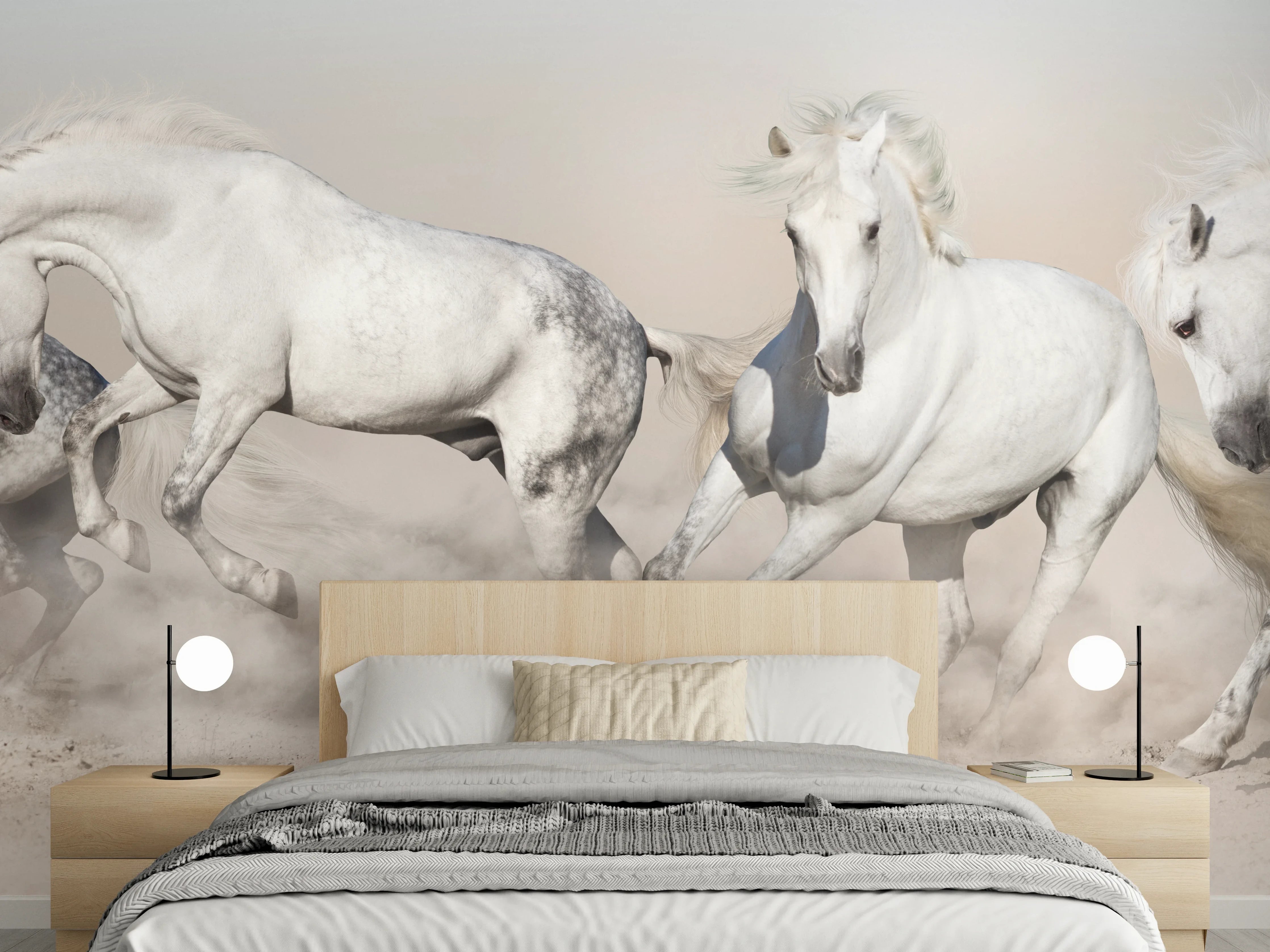 Wandverkleidung Schlafzimmer - Weiße Pferdeherde Wüstenstaub