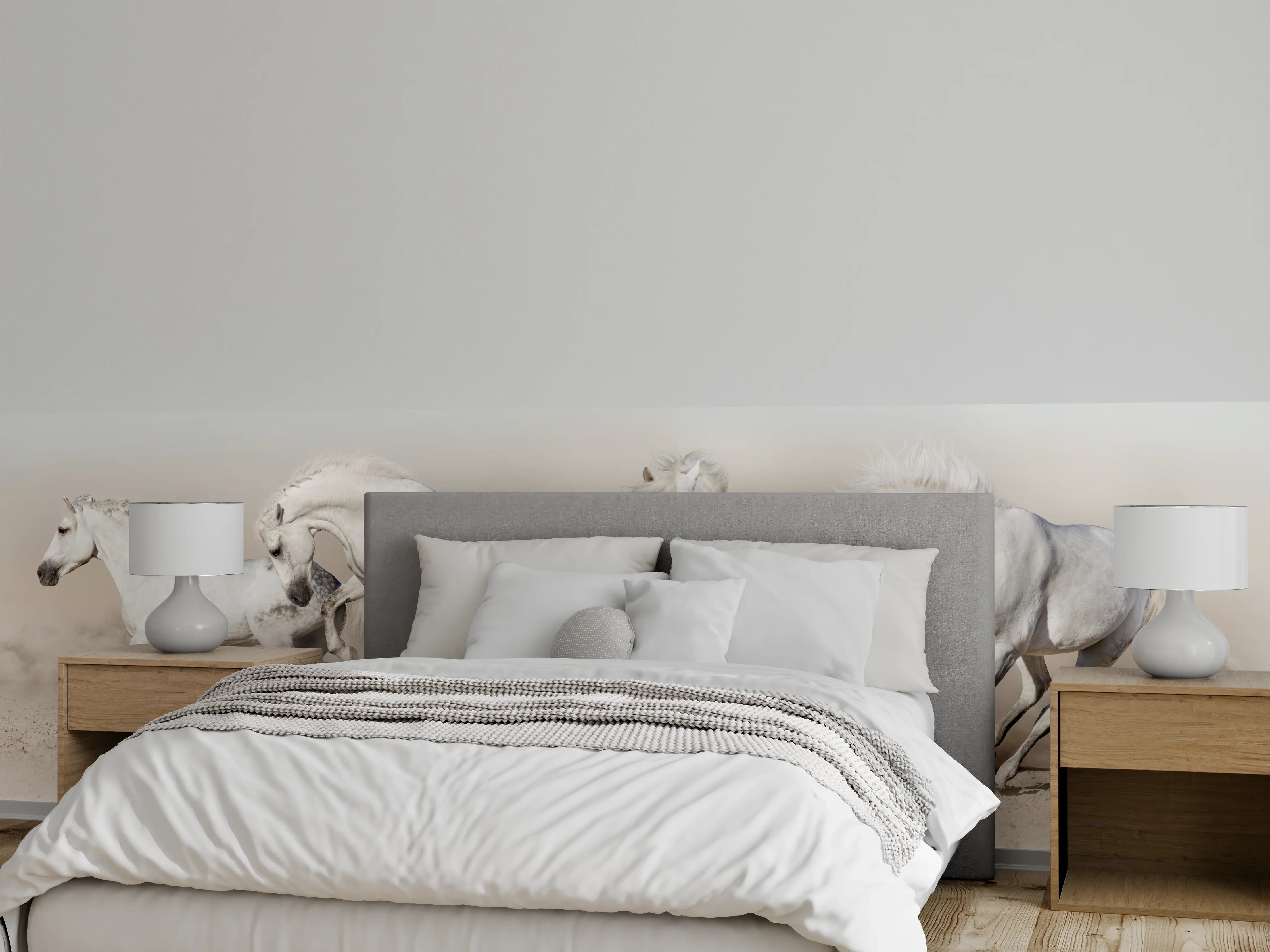 Wandverkleidung Schlafzimmer - Weiße Pferdeherde Wüstenstaub