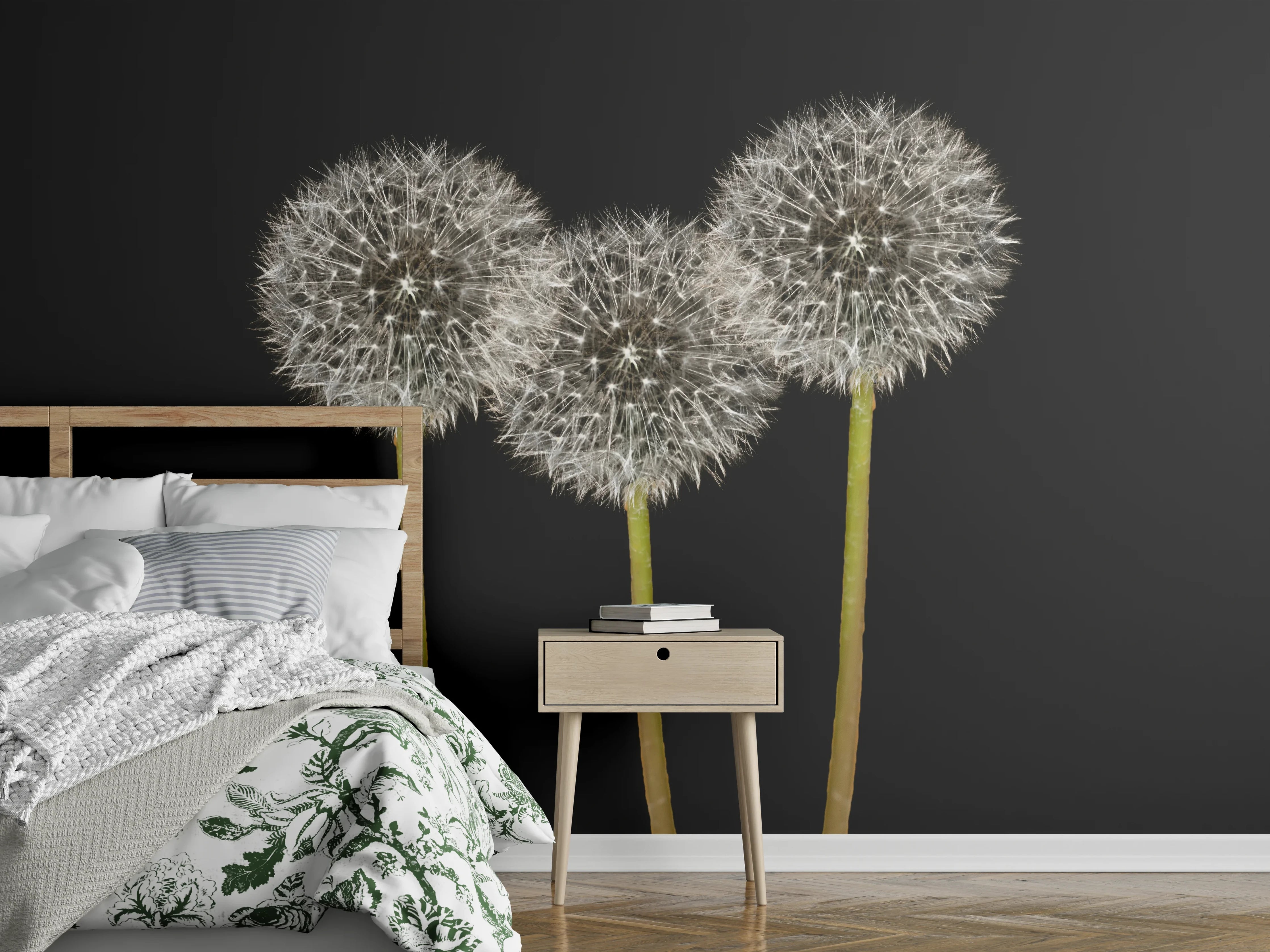 Wandverkleidung Schlafzimmer - Weiße Pusteblumen auf Schwarz