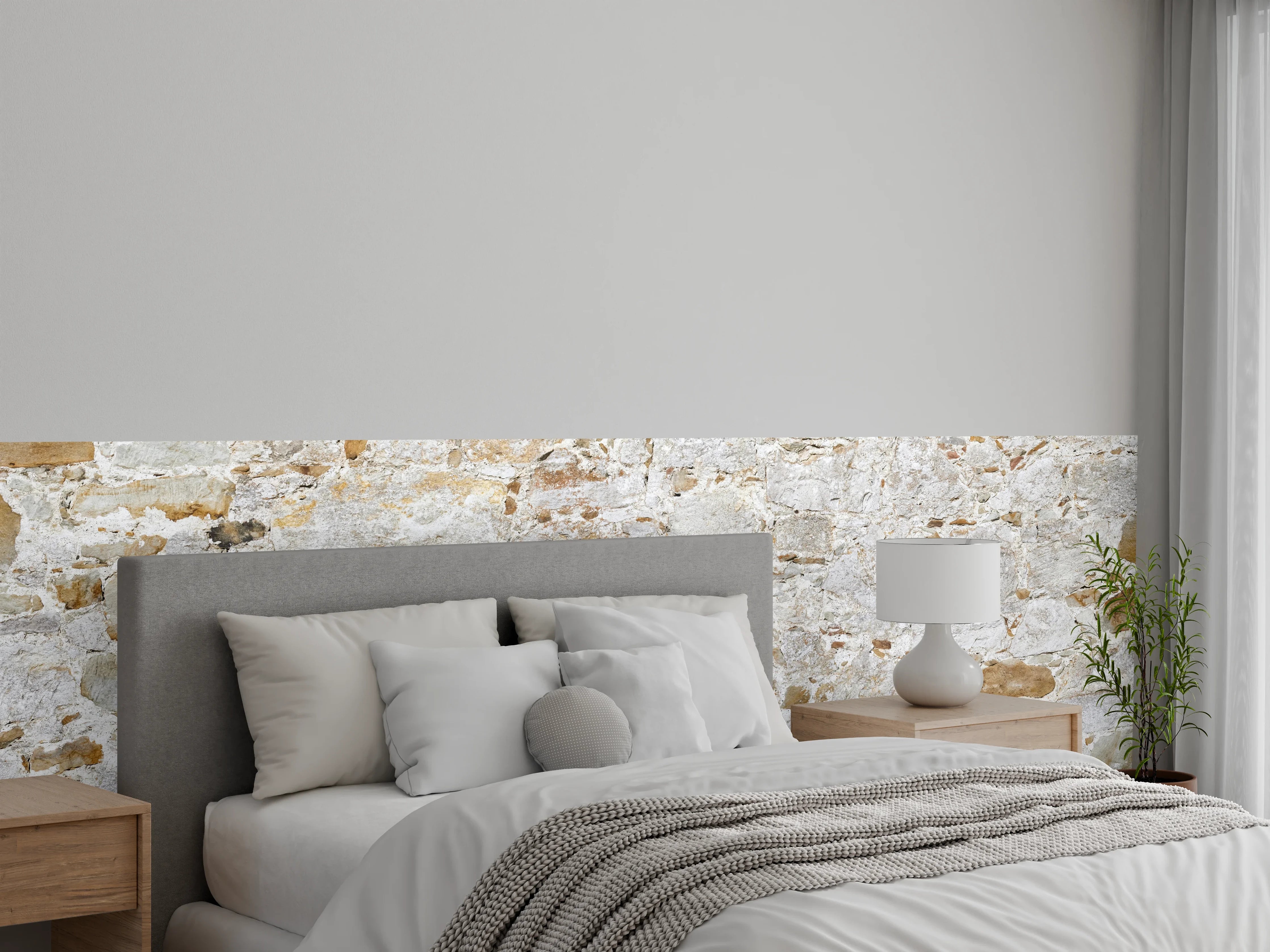 Wandverkleidung Schlafzimmer - Weiße Steinmauer mit grauer Textur