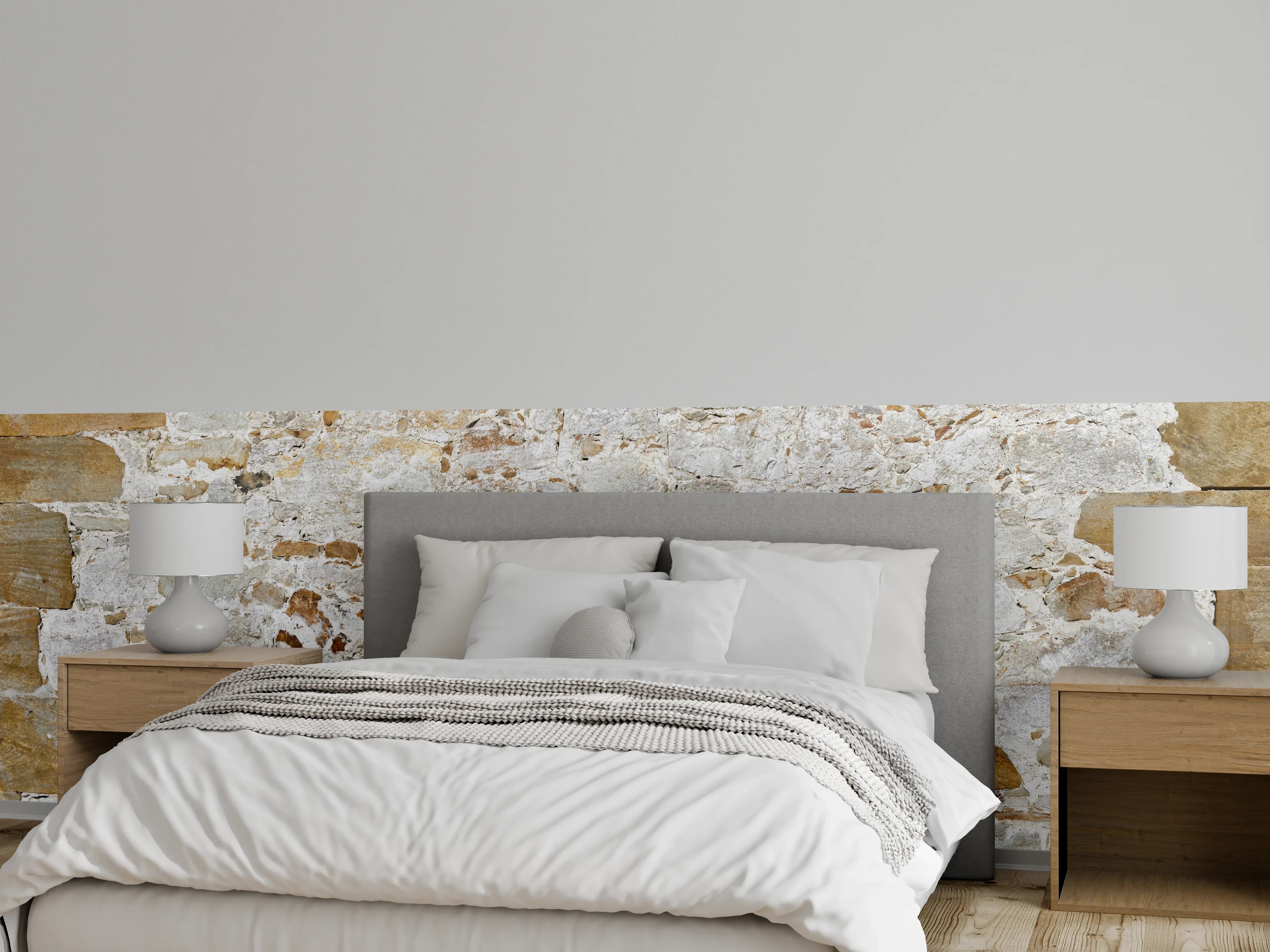 Wandverkleidung Schlafzimmer - Weiße Steinmauer mit grauer Textur