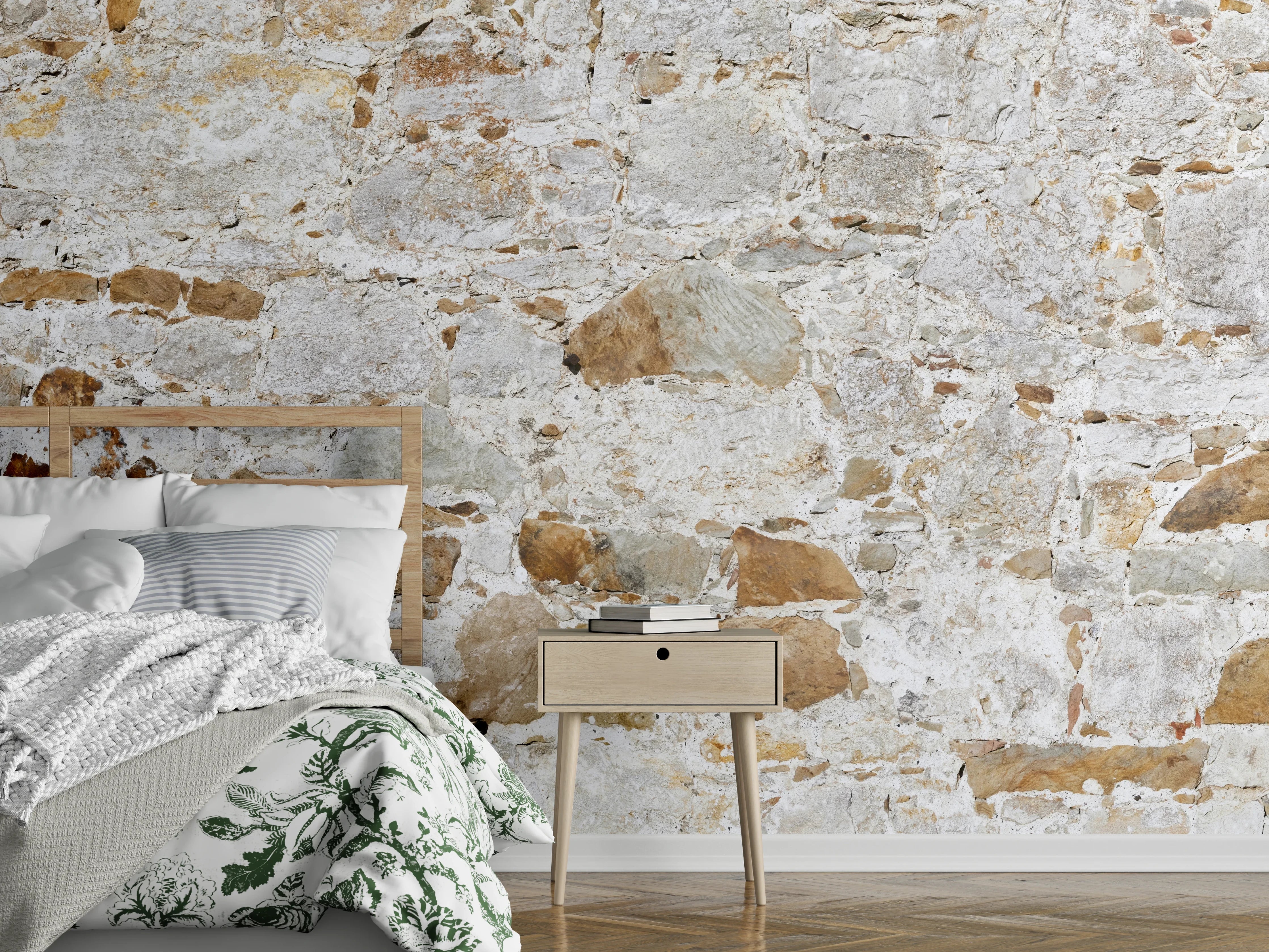 Wandverkleidung Schlafzimmer - Weiße Steinmauer mit grauer Textur