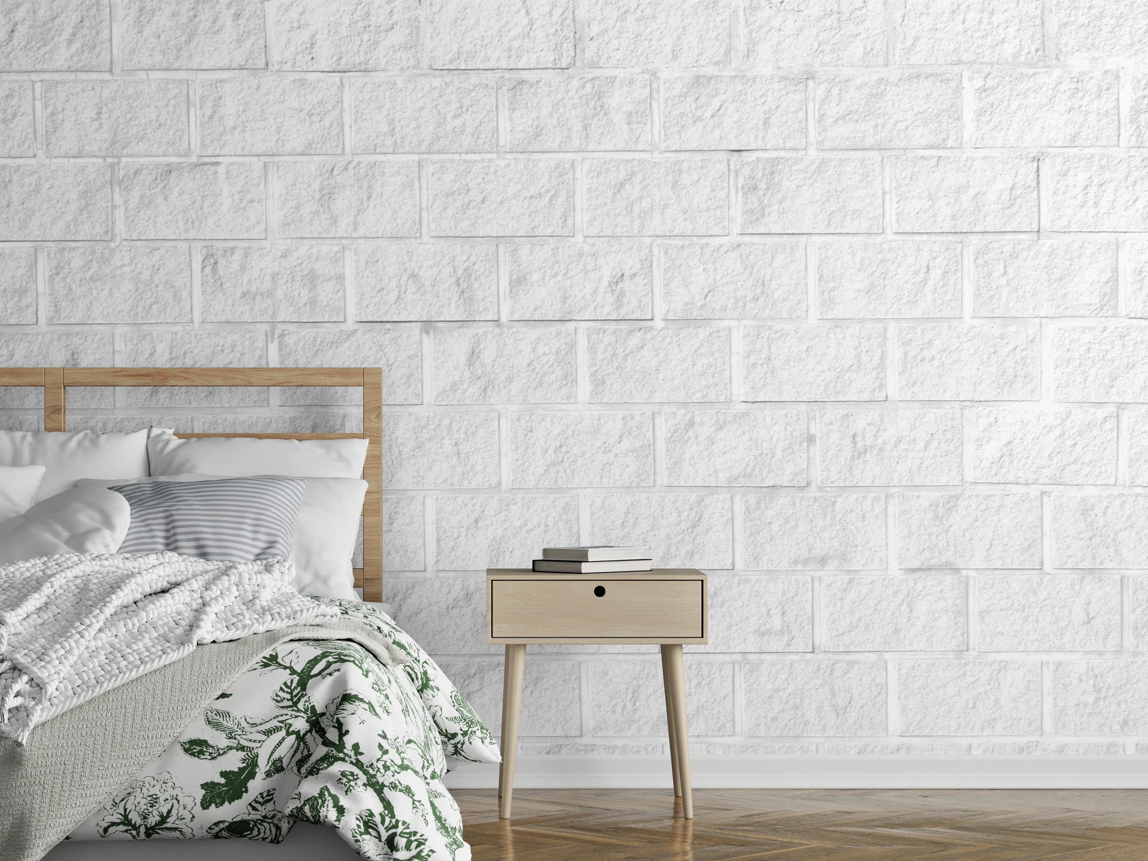 Wandverkleidung Schlafzimmer - Weiße Steinwand mit dezenter Struktur