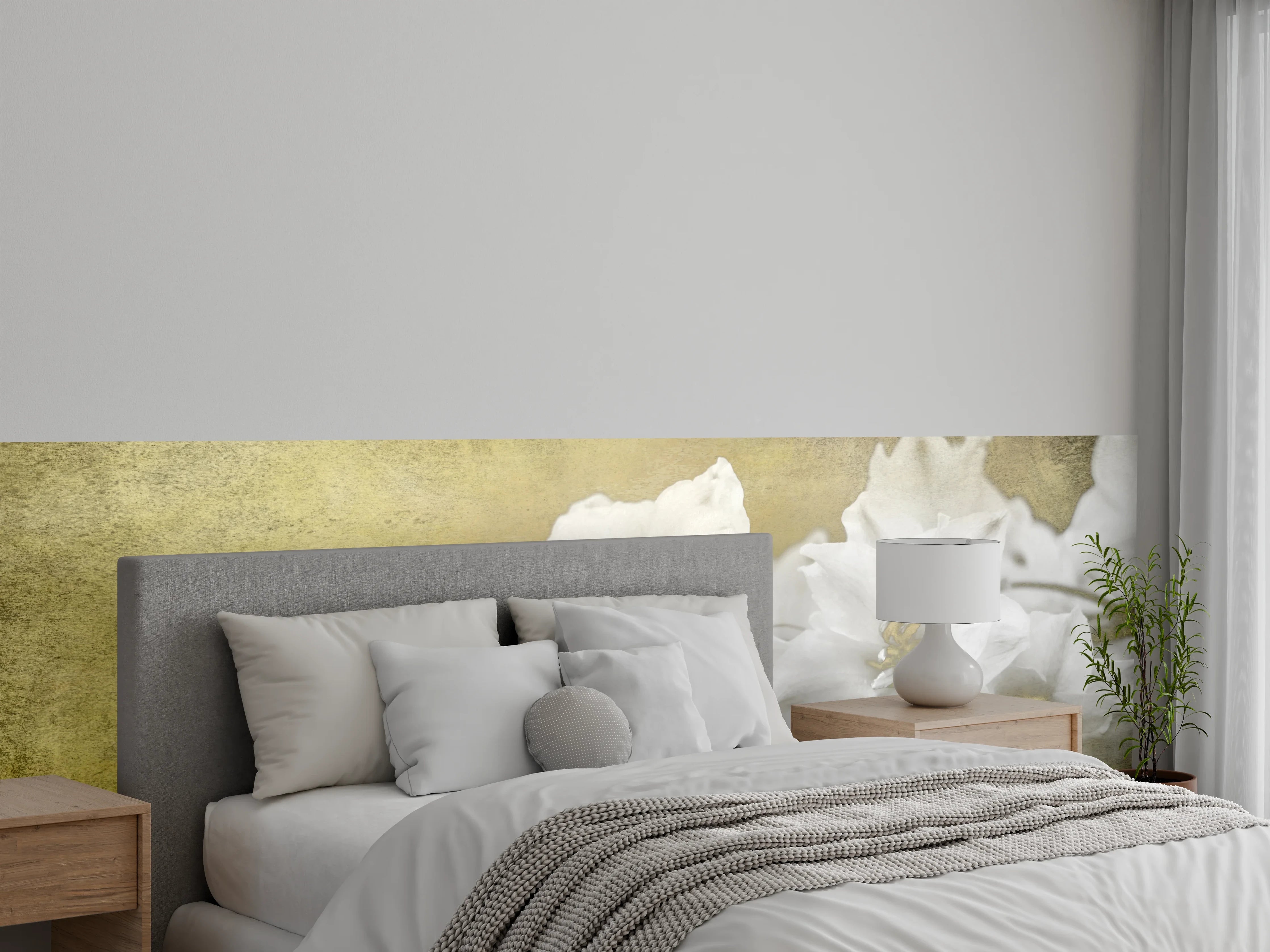 Wandverkleidung Schlafzimmer - Weiße Vintage-Blumen auf sanftem Gelb