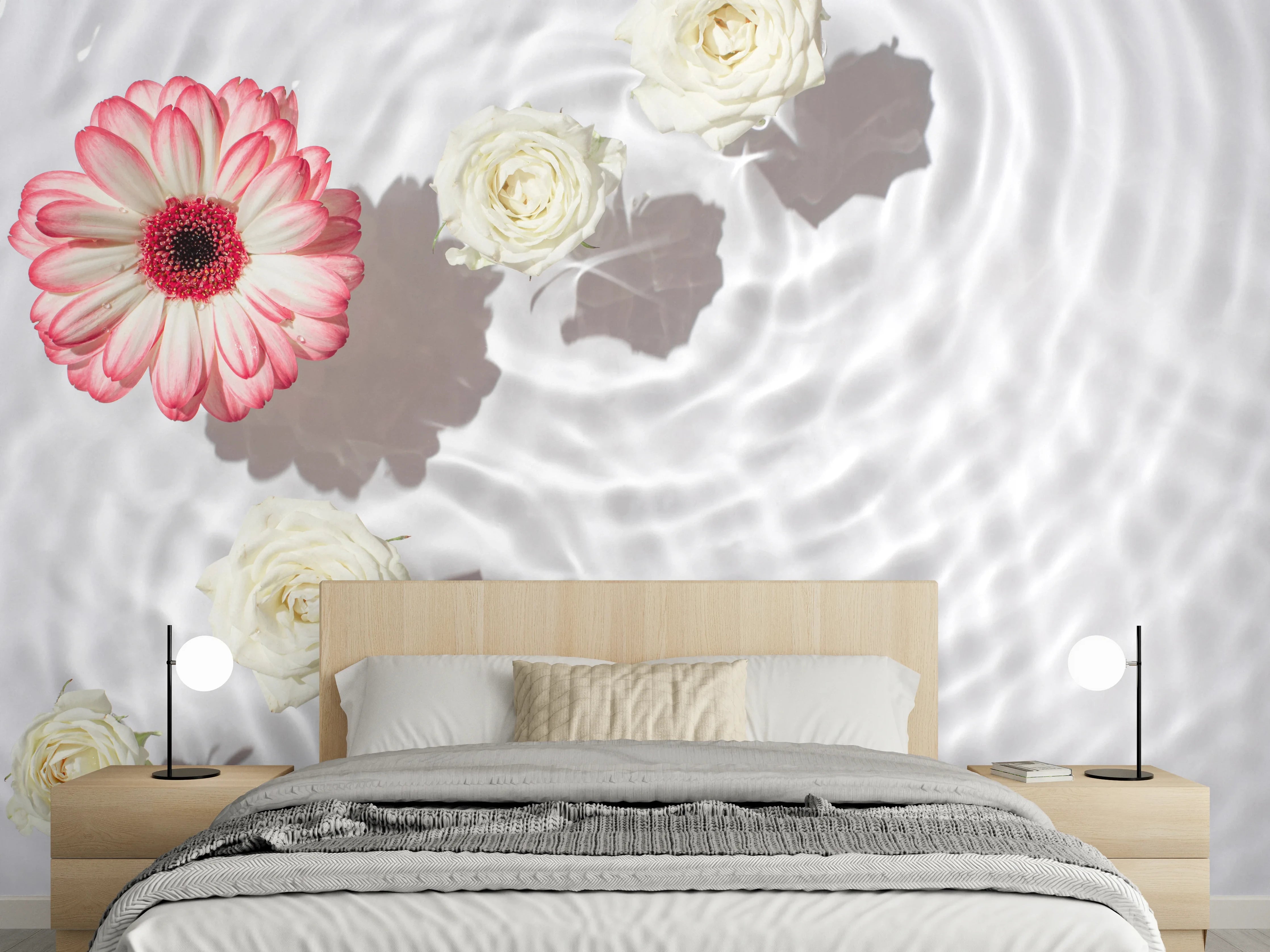Wandverkleidung Schlafzimmer - Weiße Wasserblumen mit Rosa-Akzent