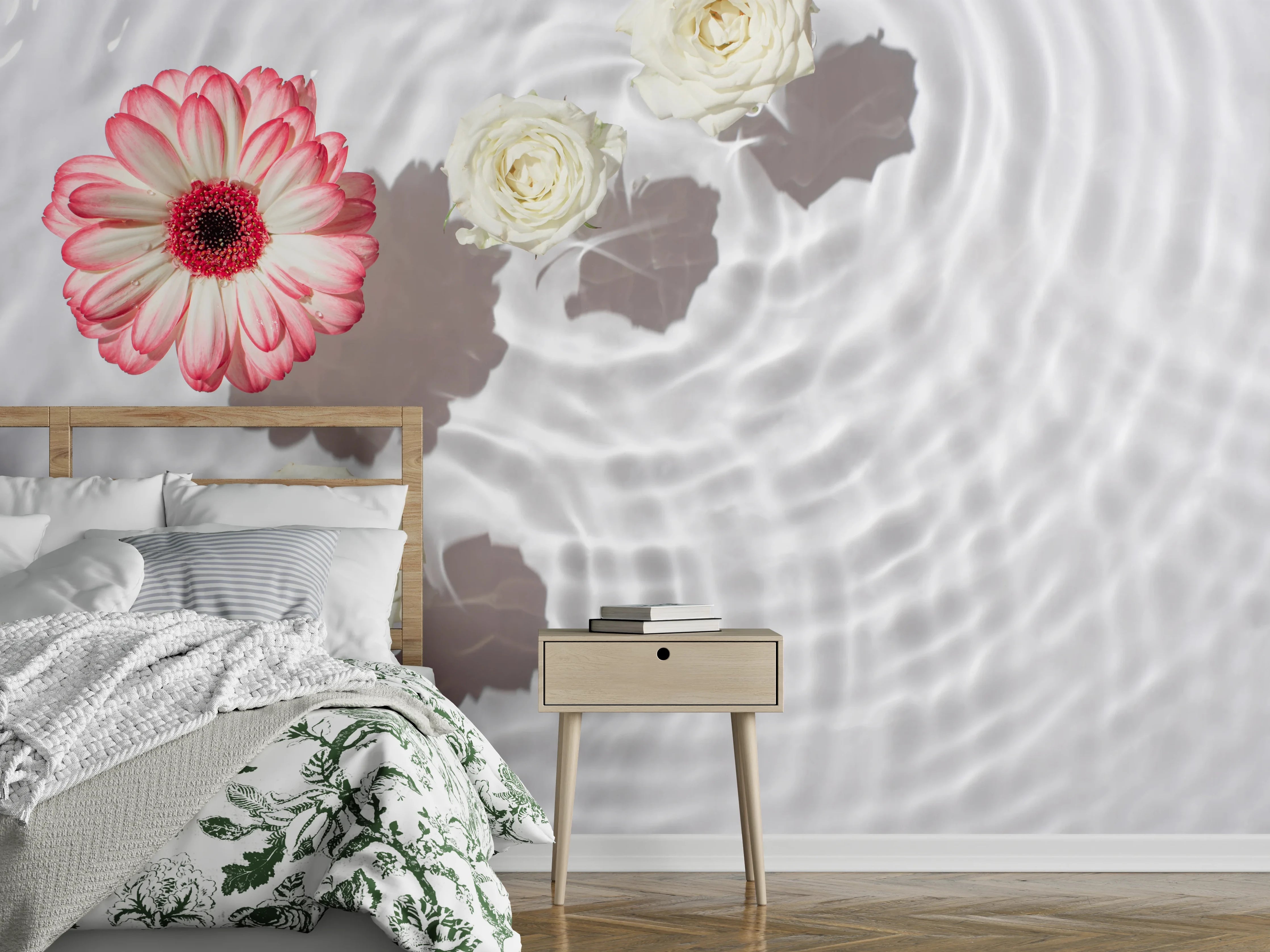 Wandverkleidung Schlafzimmer - Weiße Wasserblumen mit Rosa-Akzent