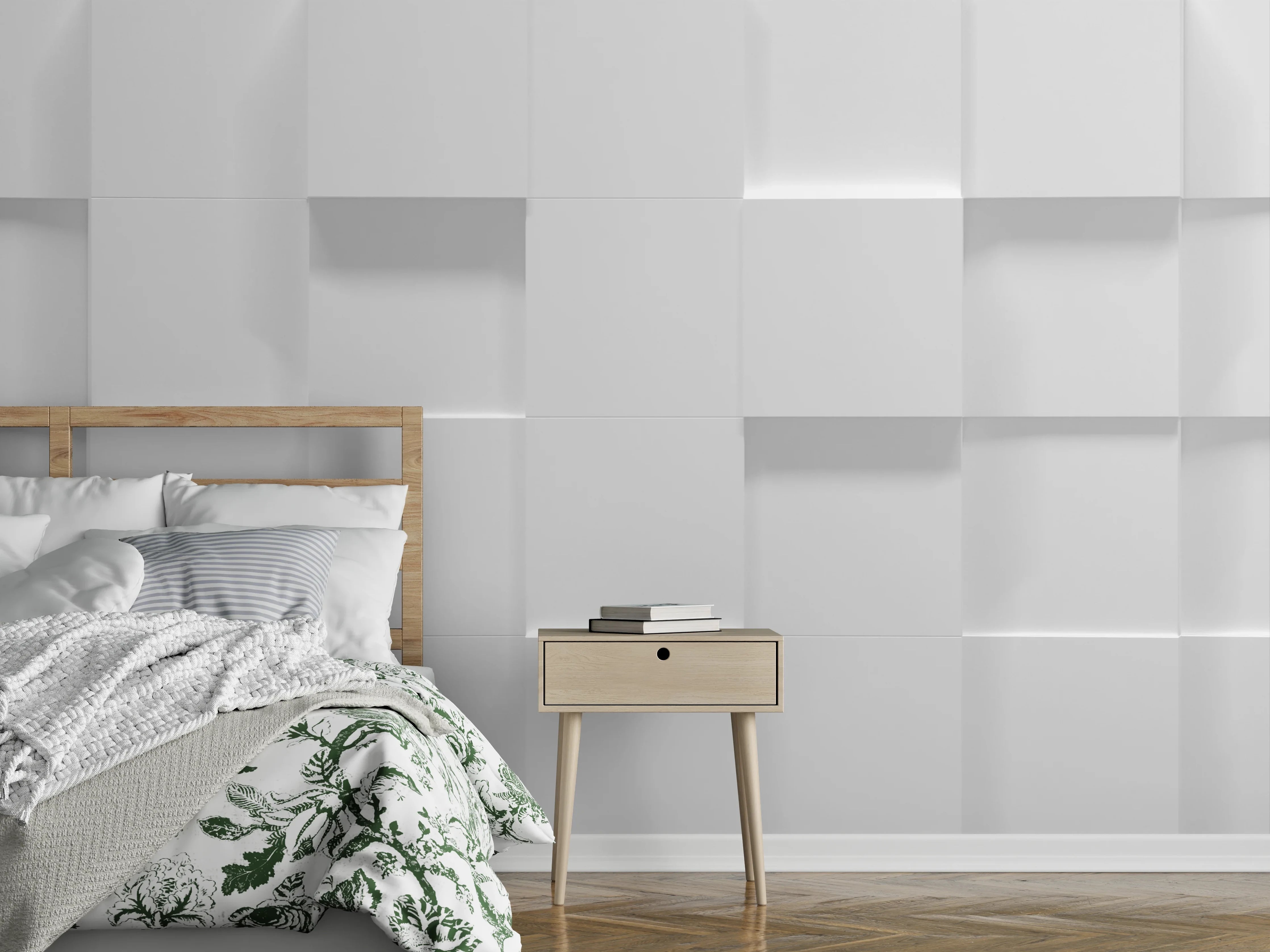 Wandverkleidung Schlafzimmer - Weiße Würfelstruktur 3D-Illustration