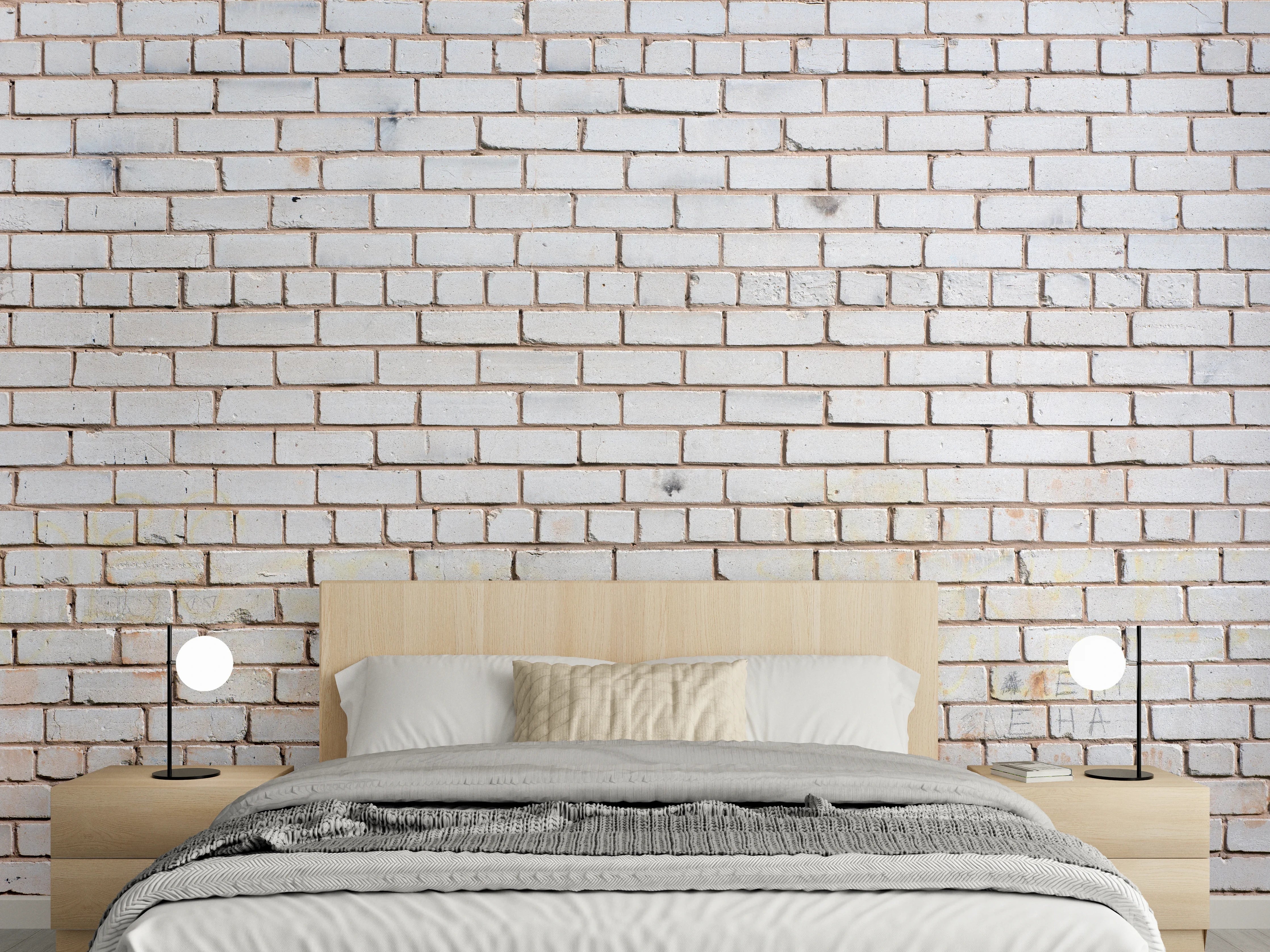 Wandverkleidung Schlafzimmer - Weiße Ziegelwand mit zarten Grautönen - realistische Textur