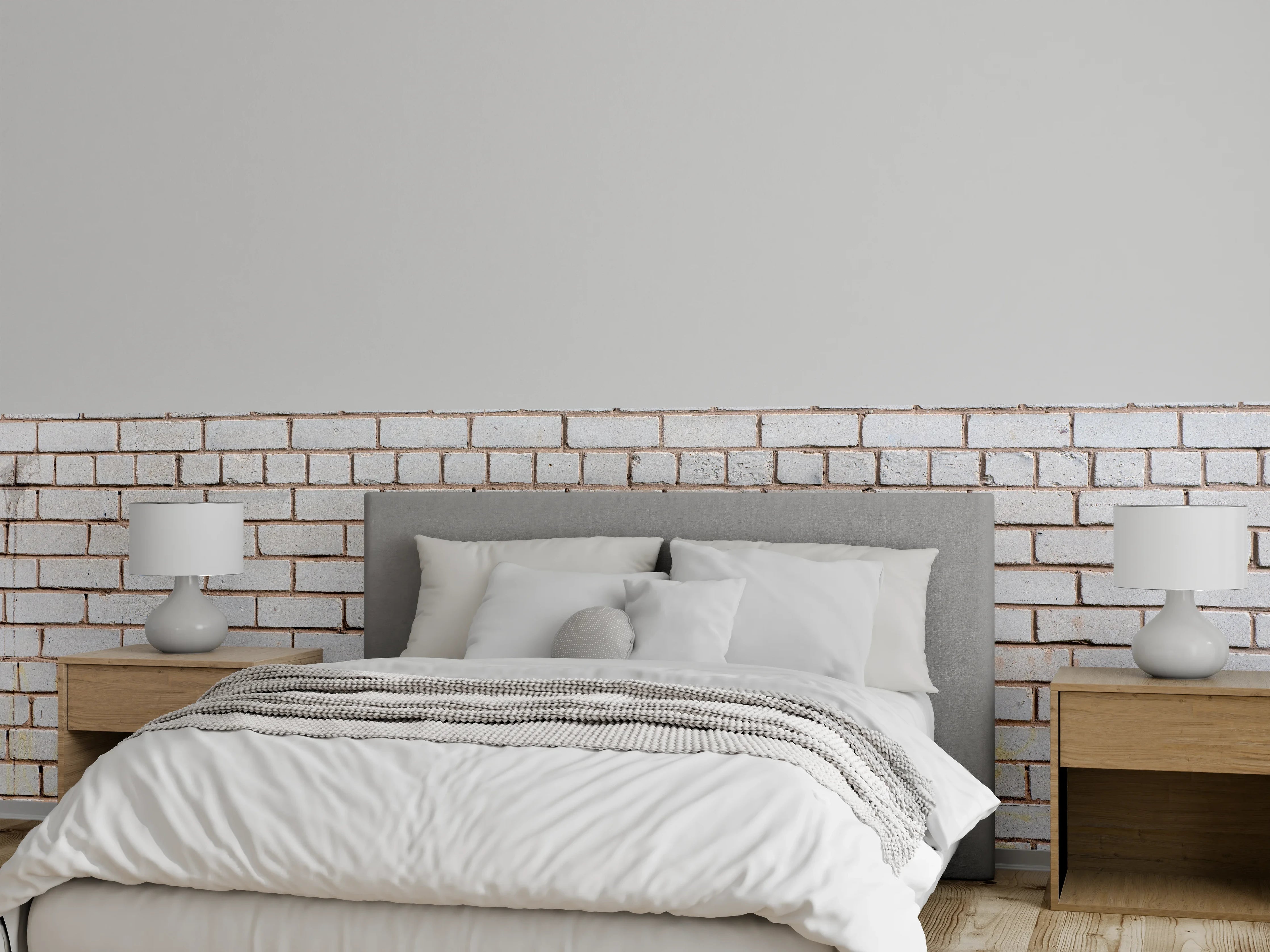 Wandverkleidung Schlafzimmer - Weiße Ziegelwand mit zarten Grautönen - realistische Textur