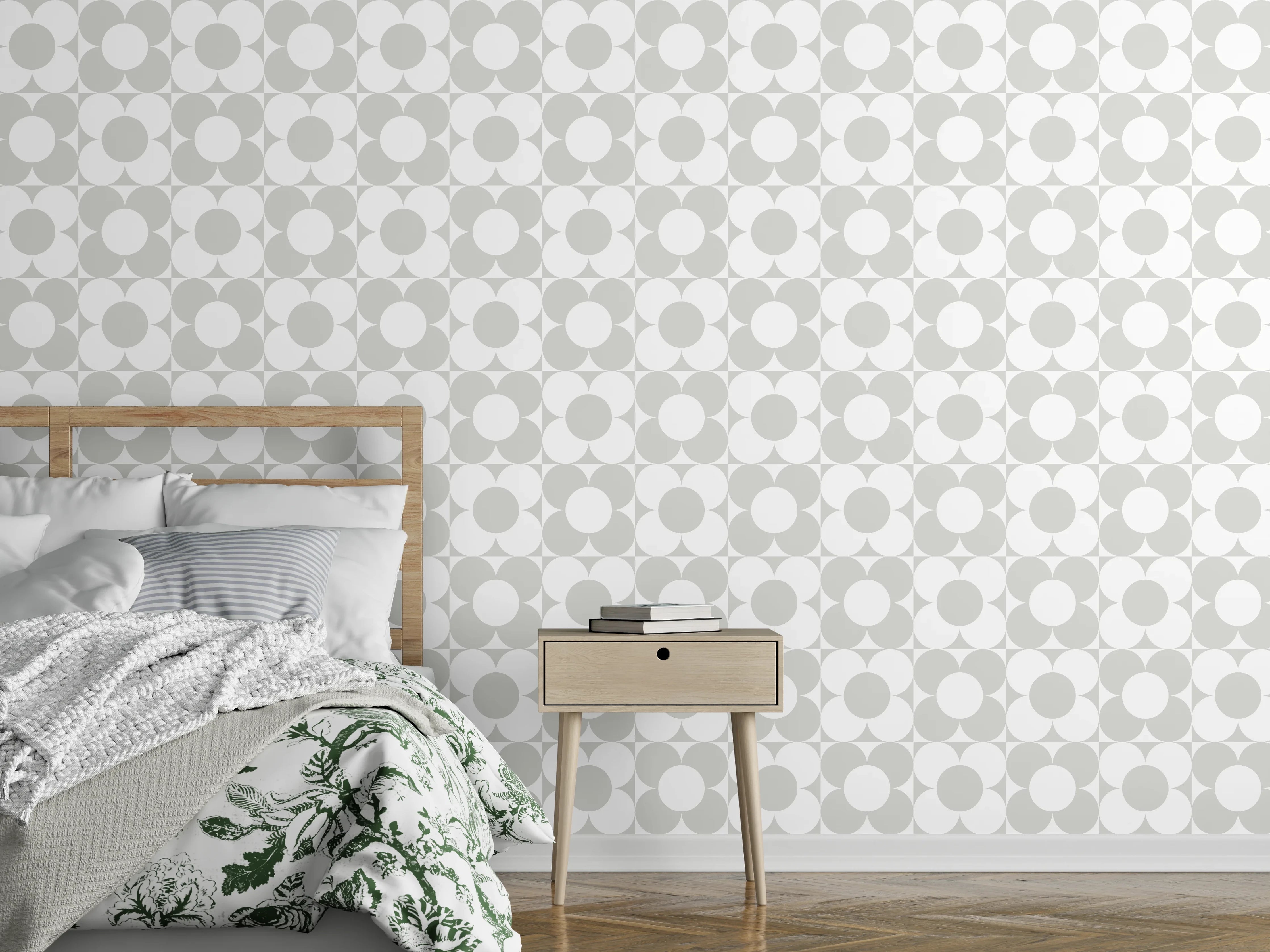 Wandverkleidung Schlafzimmer - Weiße geometrische Muster auf dünnem Stoff