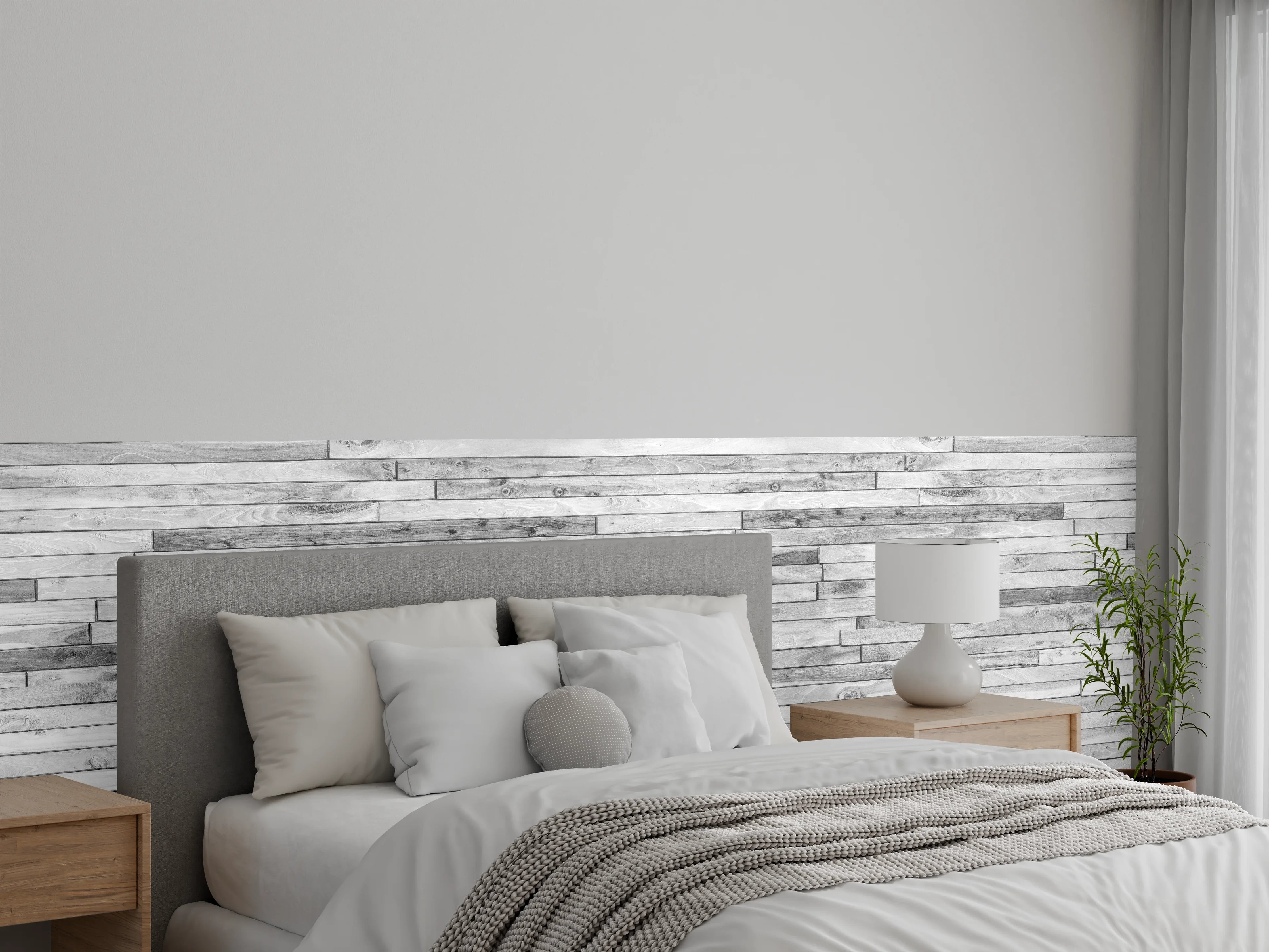 Wandverkleidung Schlafzimmer - Weiße kleine Kiefernholzstücke