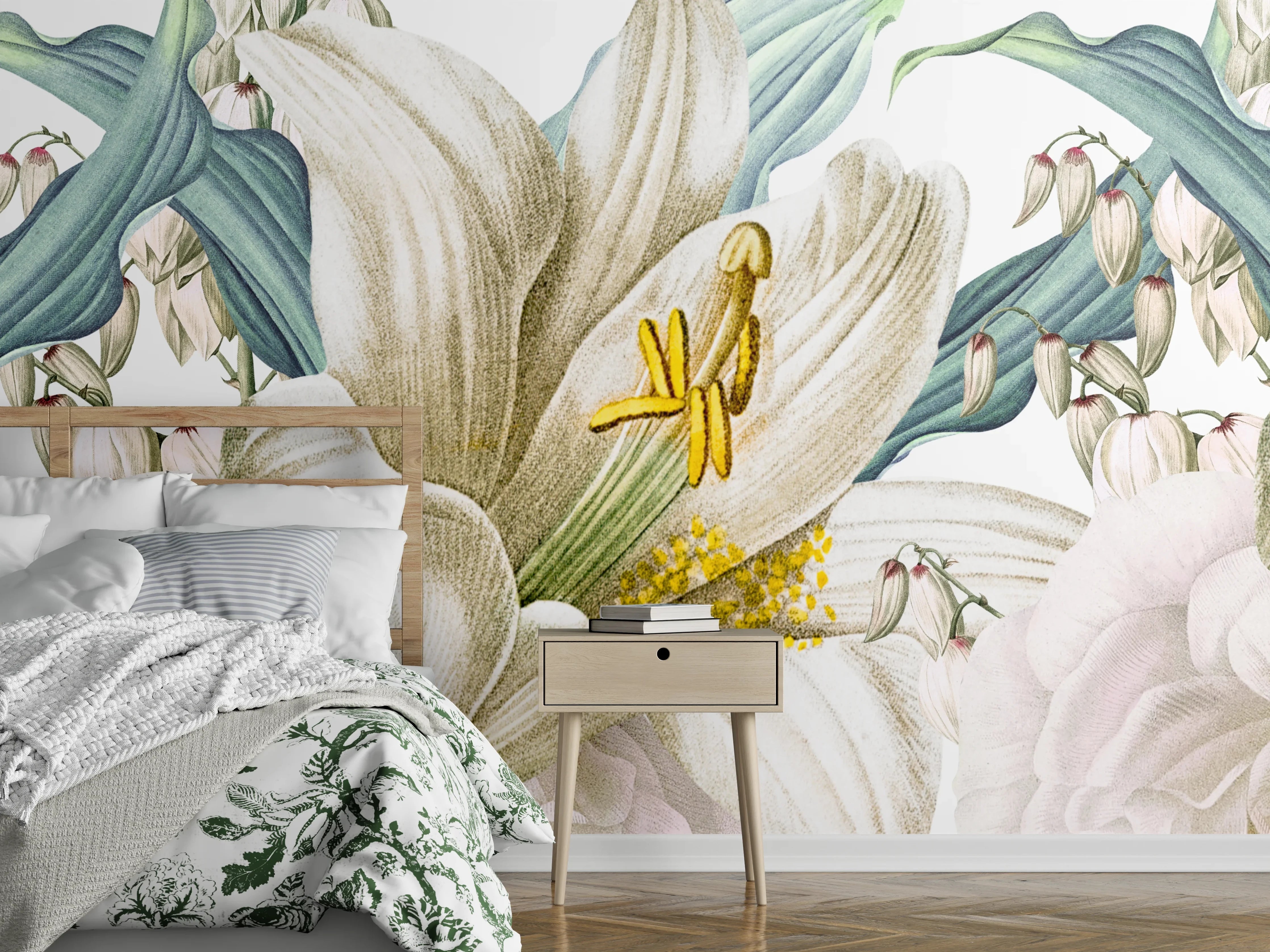 Wandverkleidung Schlafzimmer - Weißen und cremefarbenen Rosen