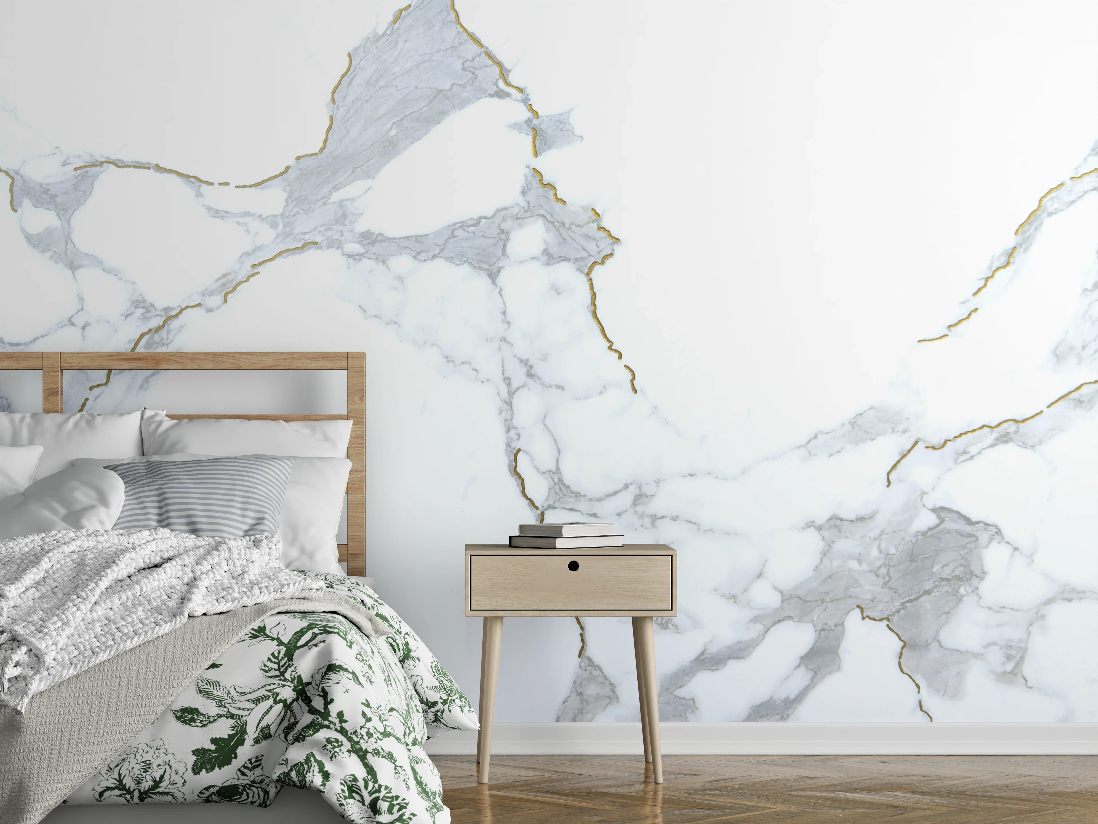 Wandverkleidung Schlafzimmer - Weißer Marmor mit feinen grauen Äderchen