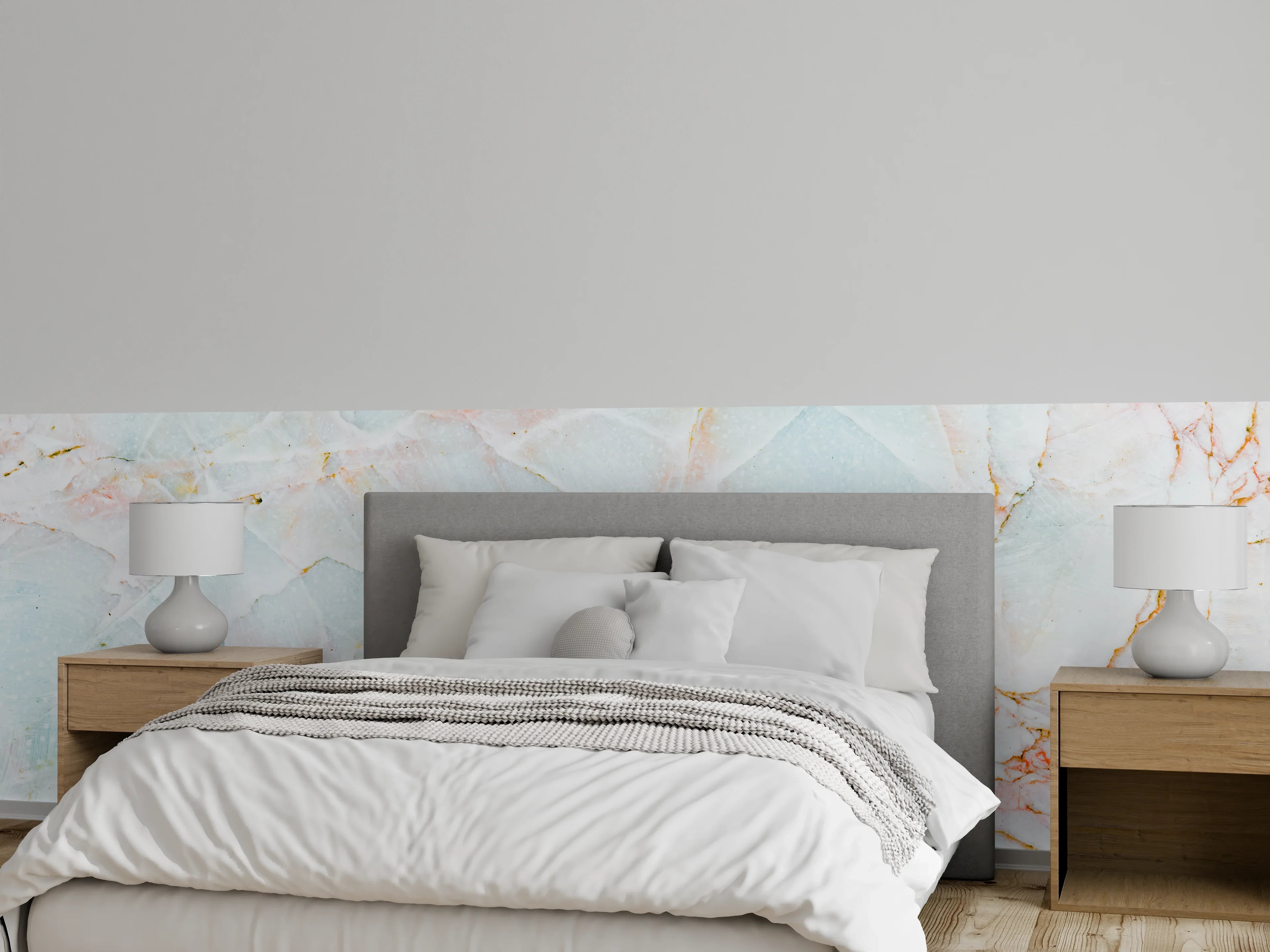 Wandverkleidung Schlafzimmer - Weißer Marmor mit zartem Pastell