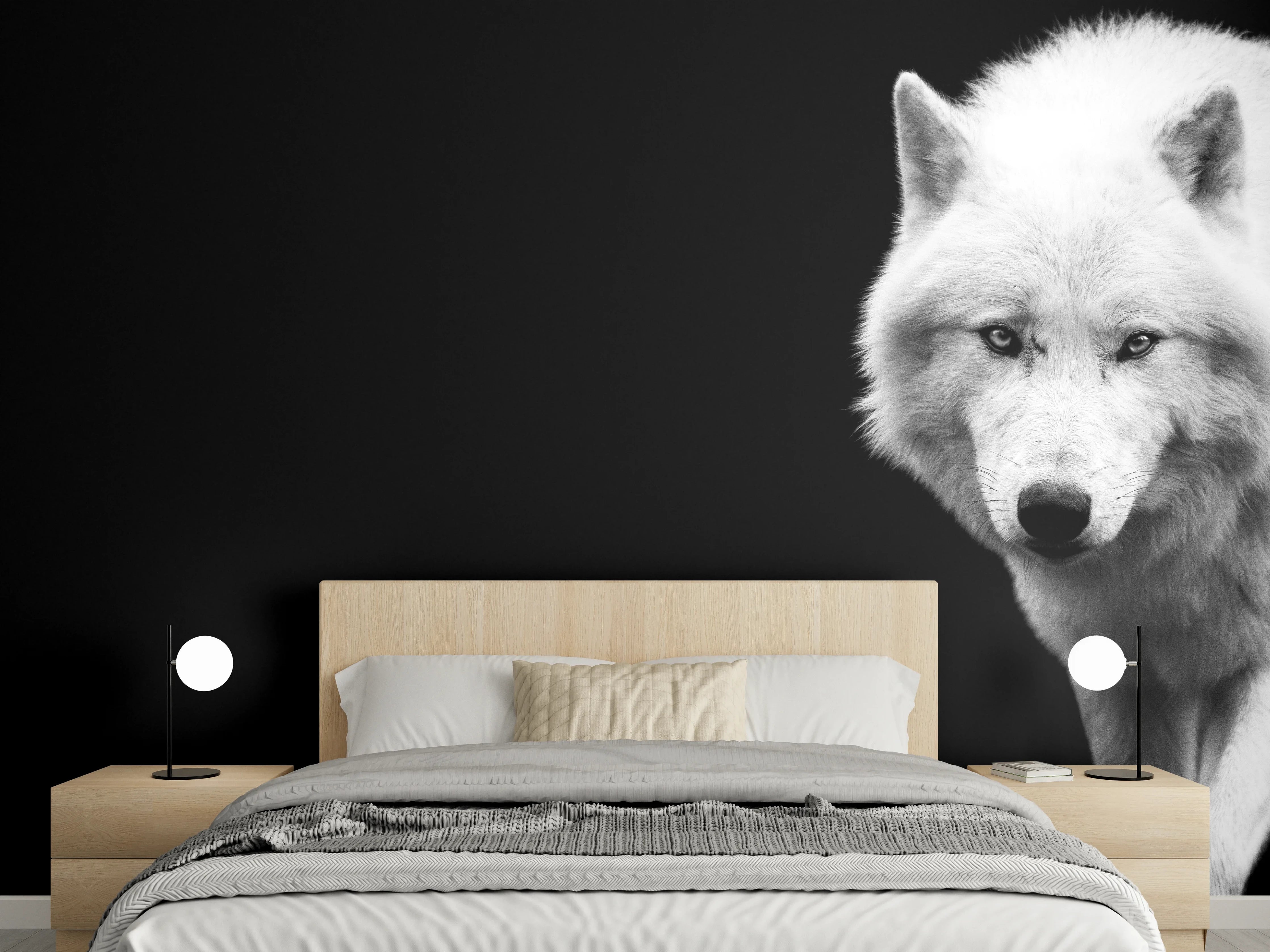 Wandverkleidung Schlafzimmer - Weißer Wolf mit schwarzem Hintergrund