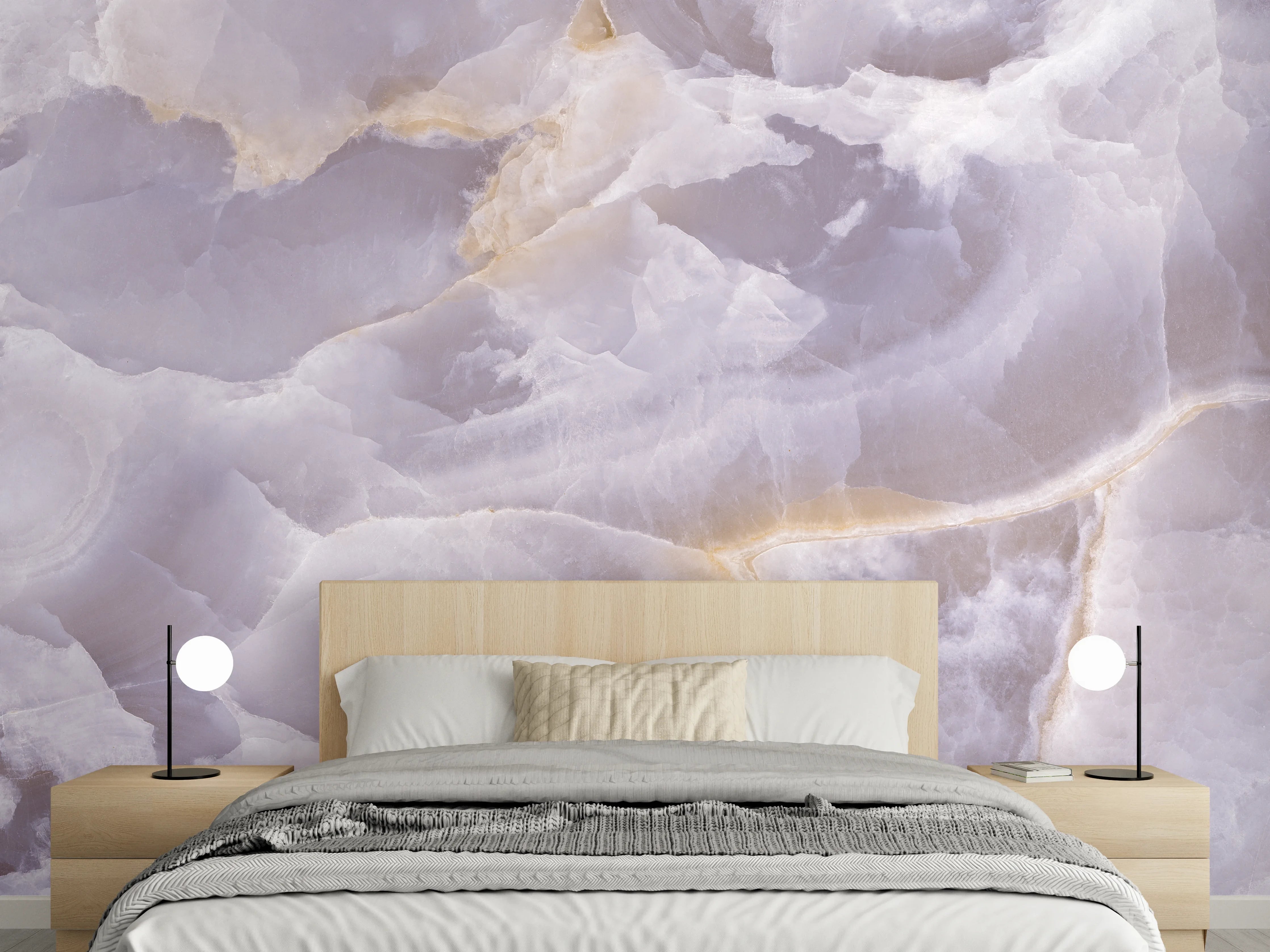 Wandverkleidung Schlafzimmer - Weißer, grauer Marmor mit goldenen Akzenten