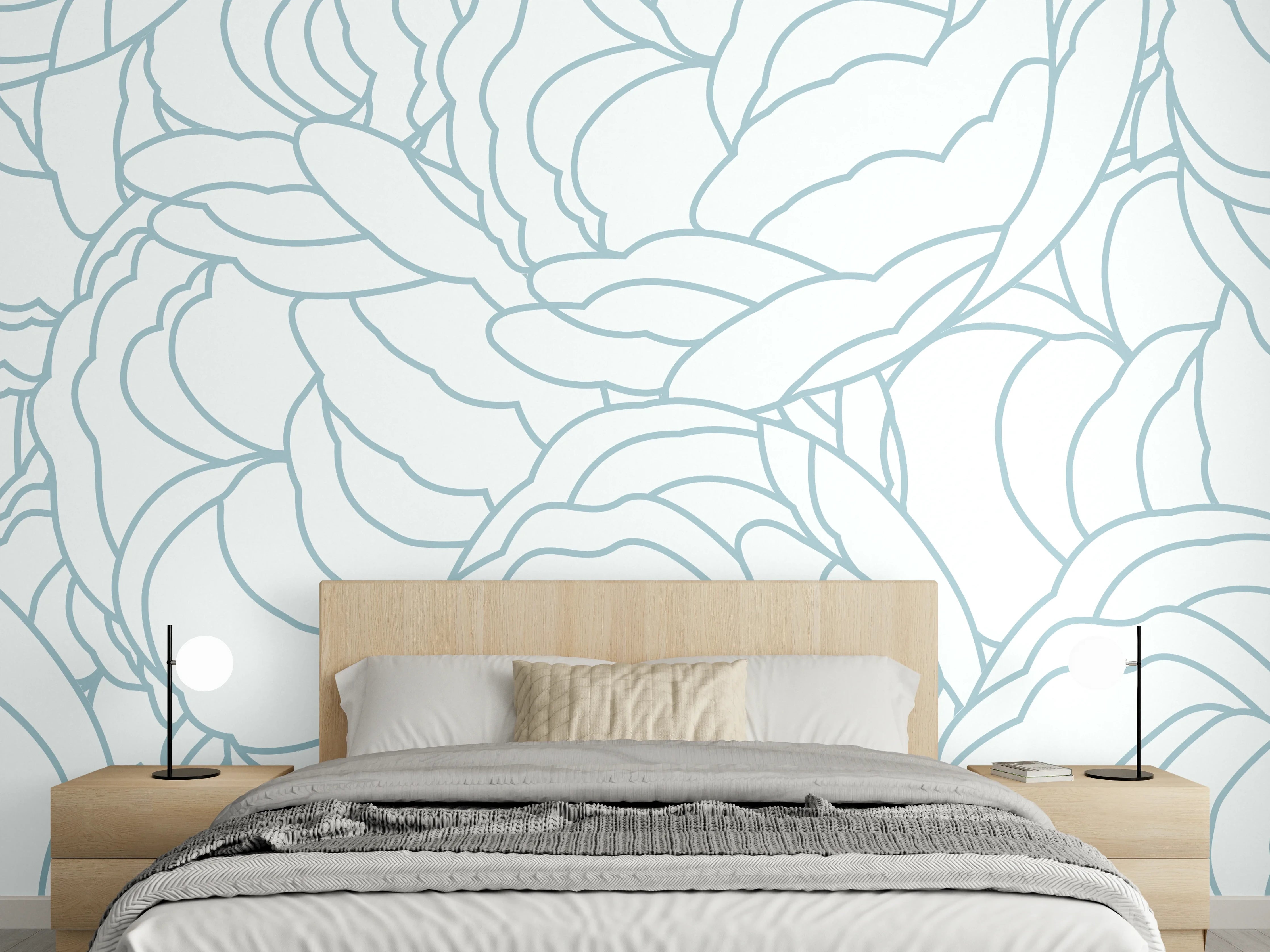 Wandverkleidung Schlafzimmer - Weißes Blumenmuster mit zarten Grauschattierungen