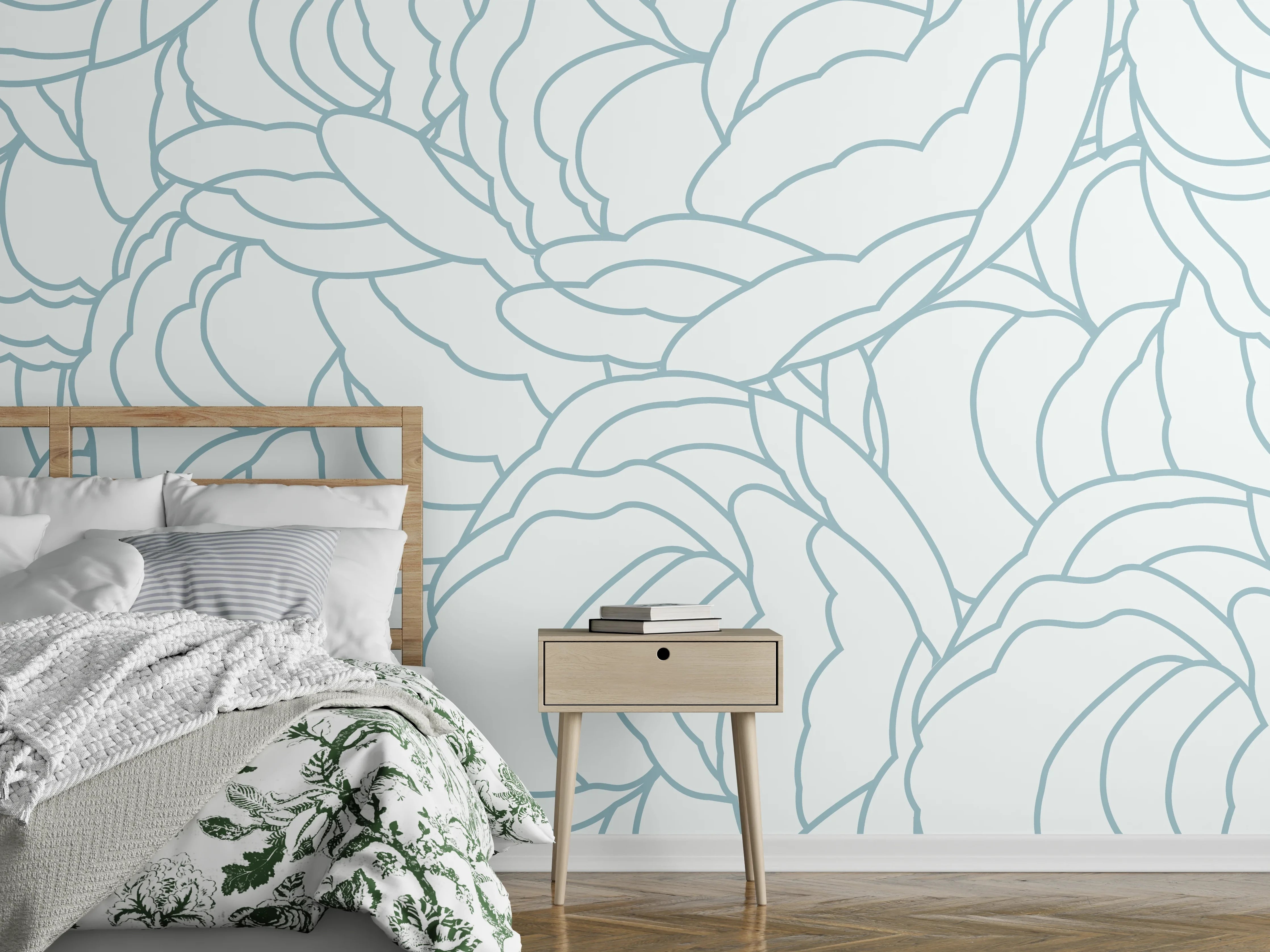 Wandverkleidung Schlafzimmer - Weißes Blumenmuster mit zarten Grauschattierungen