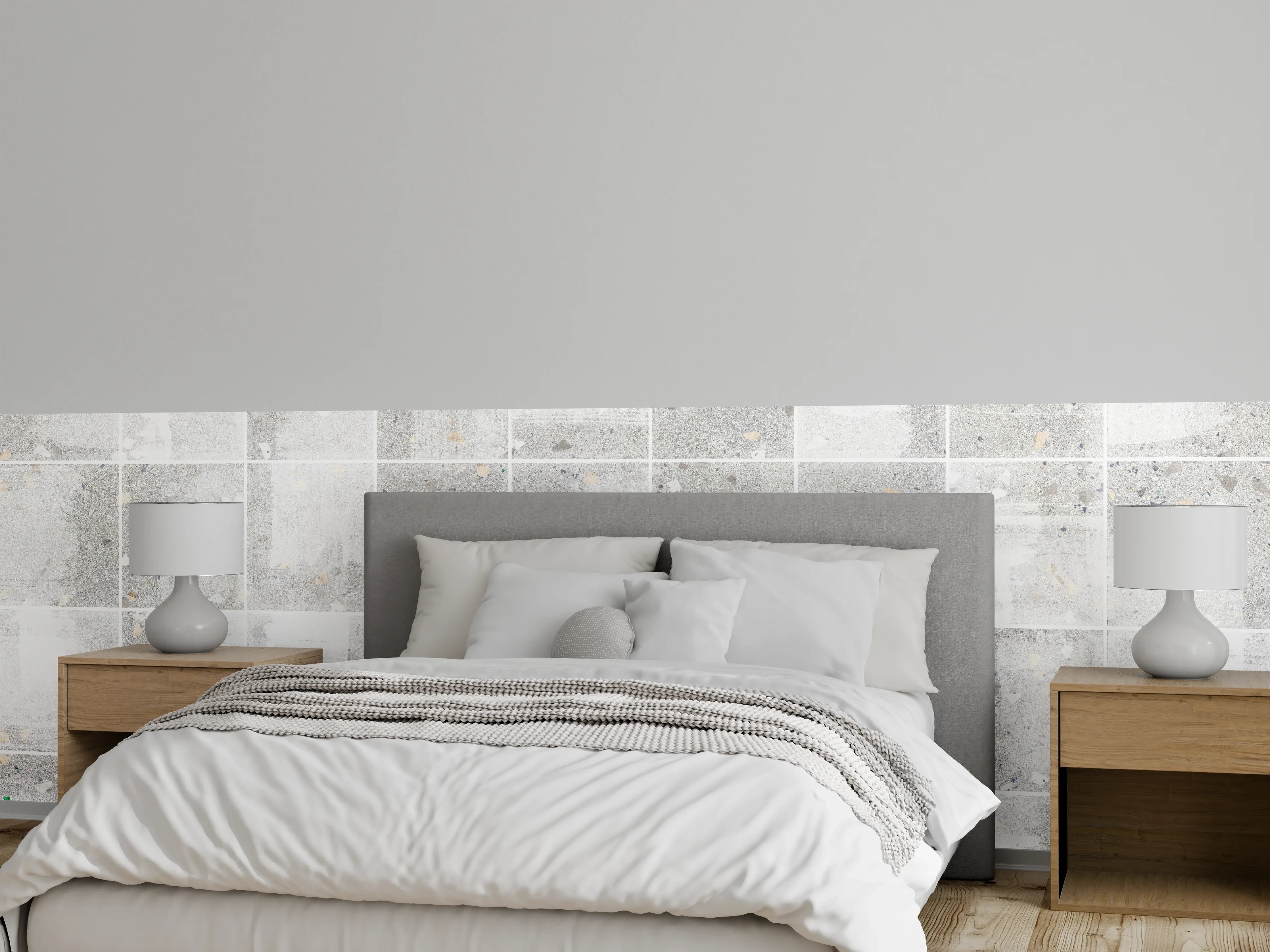 Wandverkleidung Schlafzimmer - Weißes Fliesenmuster - Terrazzo Struktur 