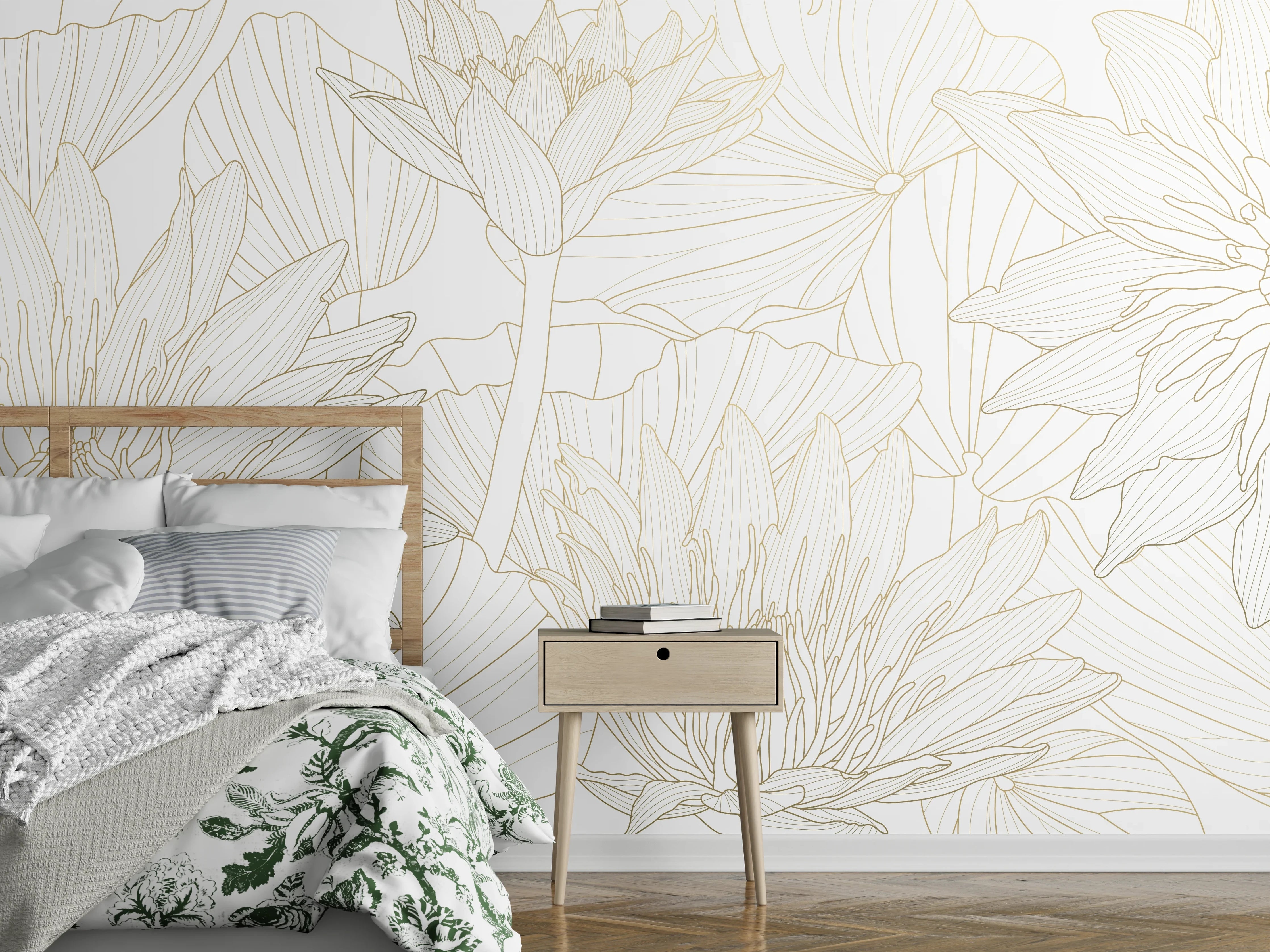 Wandverkleidung Schlafzimmer - Weißes Floral-Linien Kunstwerk