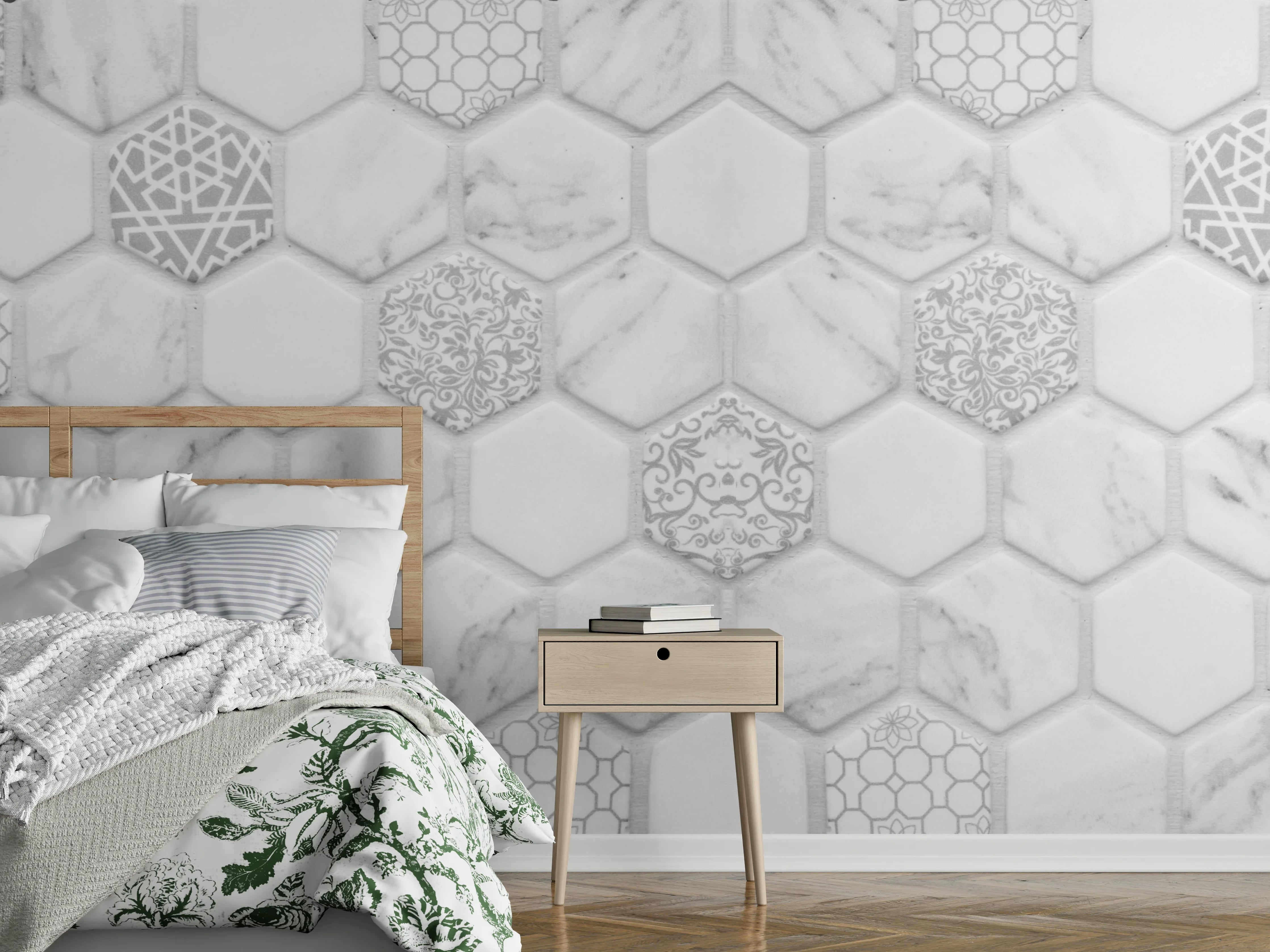 Wandverkleidung Schlafzimmer - Weißes Hexagon-Marmor-Mosaik