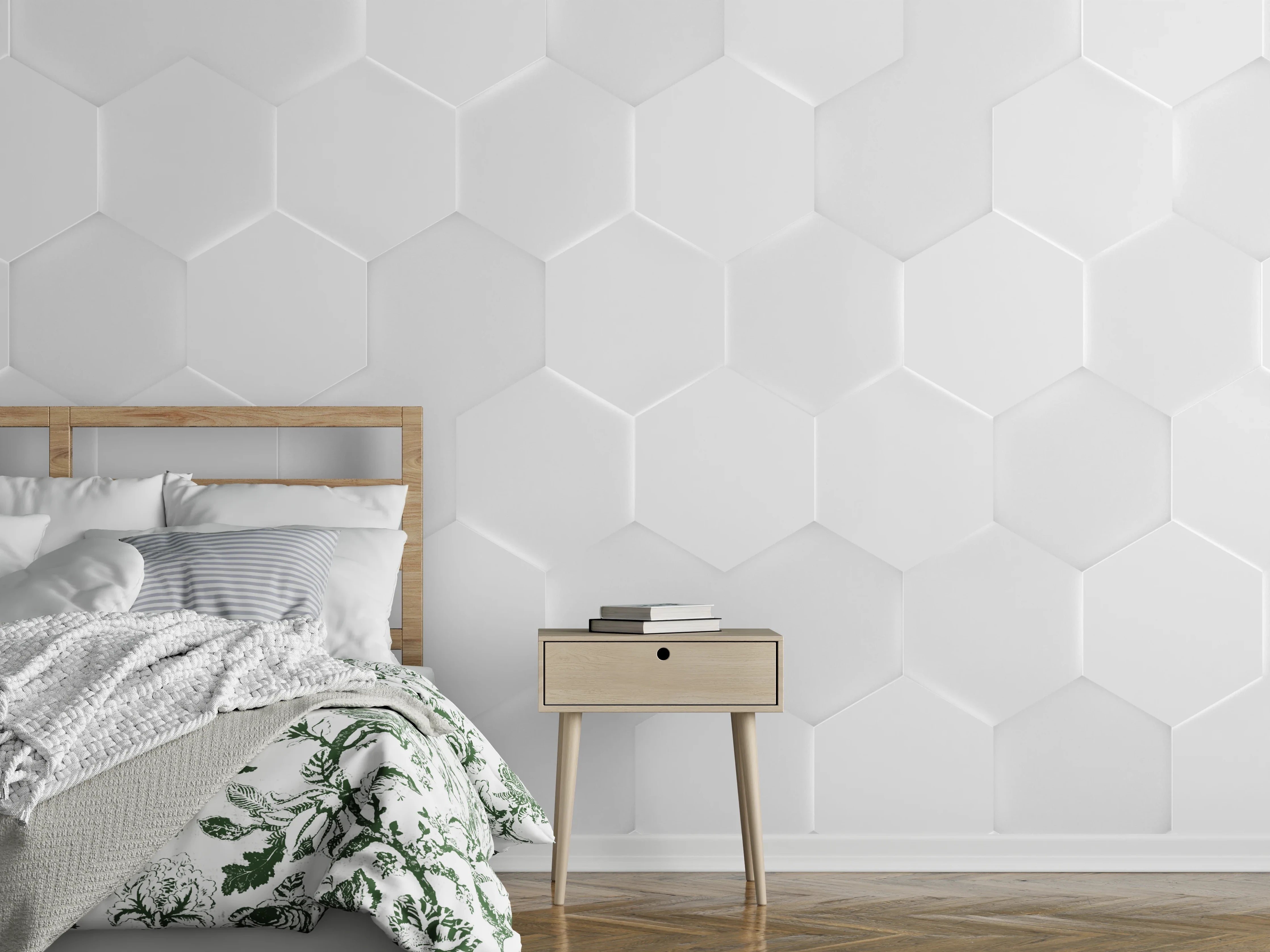 Wandverkleidung Schlafzimmer - Weißes Hexagon-Muster