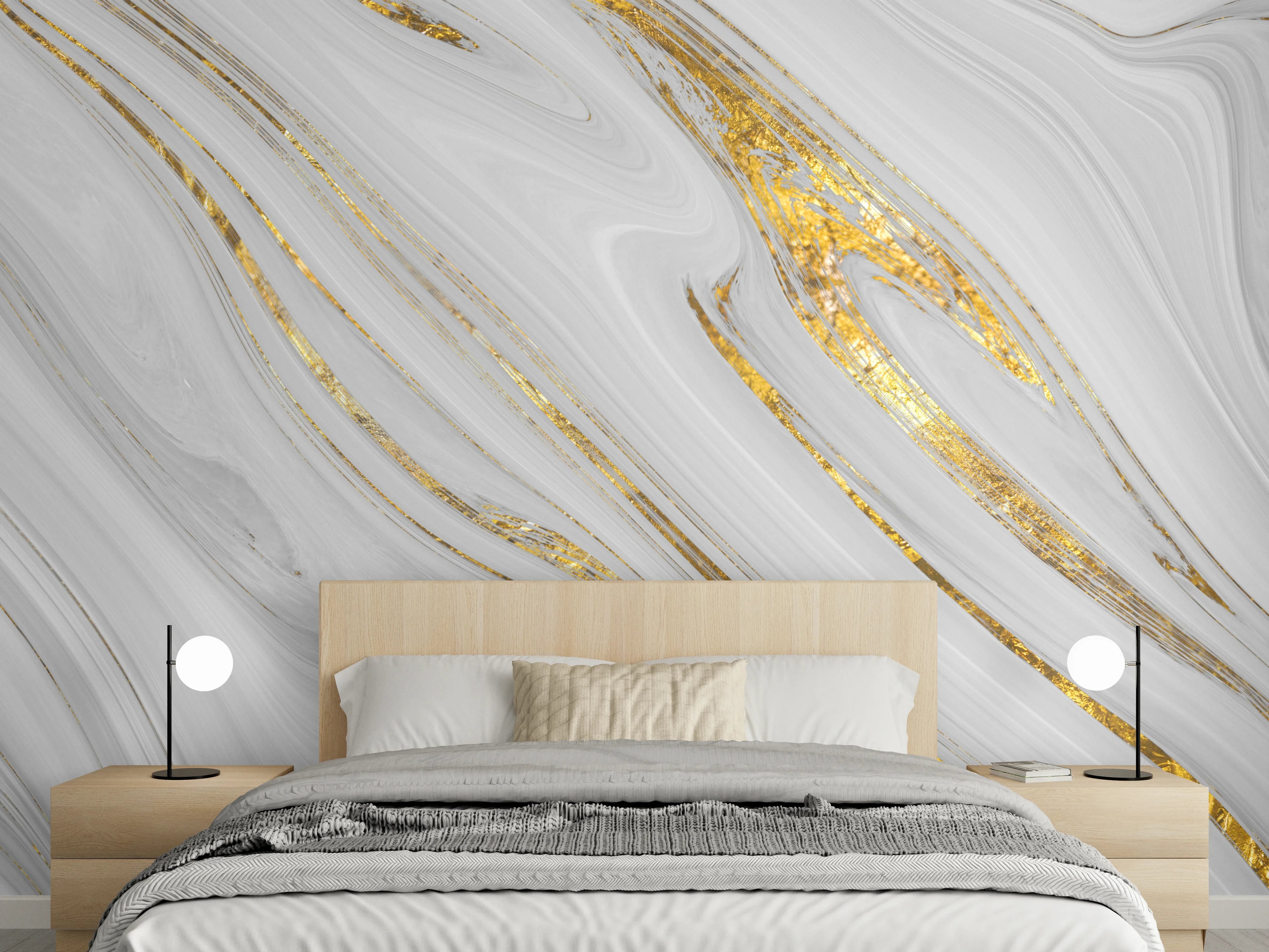 Wandverkleidung Schlafzimmer - Weißes Marmor Muster mit goldenen Adern