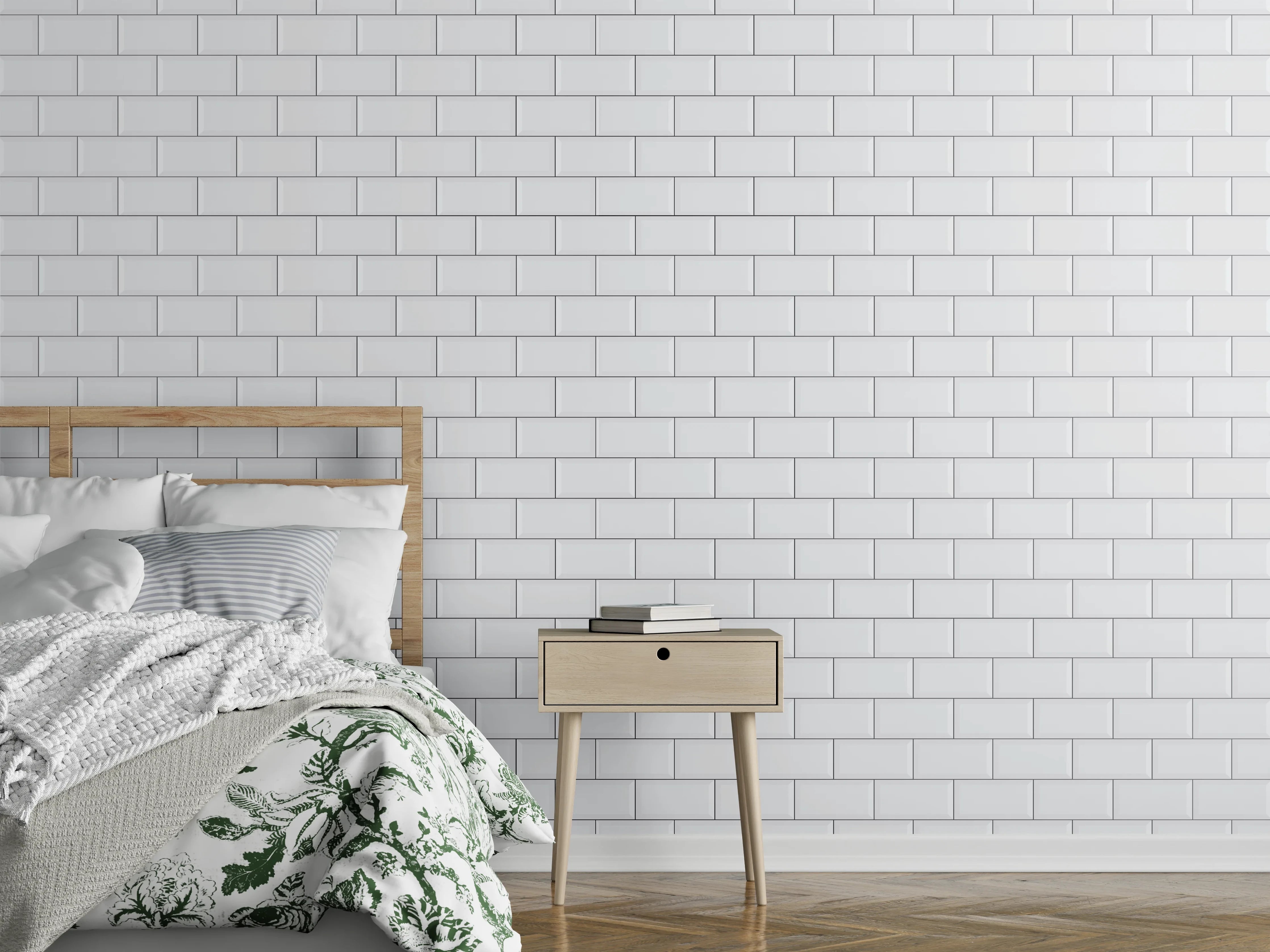 Wandverkleidung Schlafzimmer - Weißes Mauerfliesen-Motiv mit subtilen Schatten