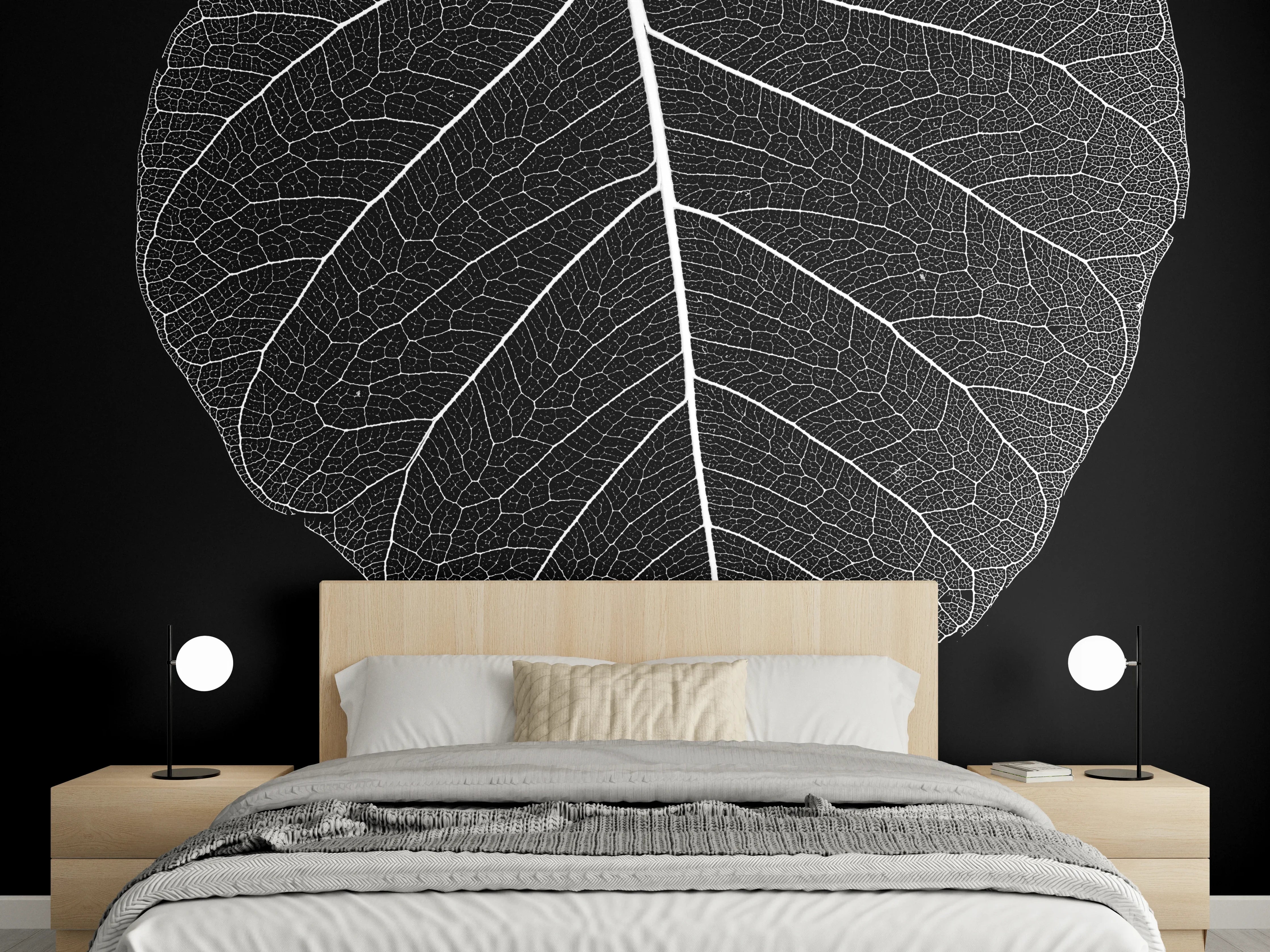 Wandverkleidung Schlafzimmer - Weißes Skelettblatt auf Schwarz, elegant