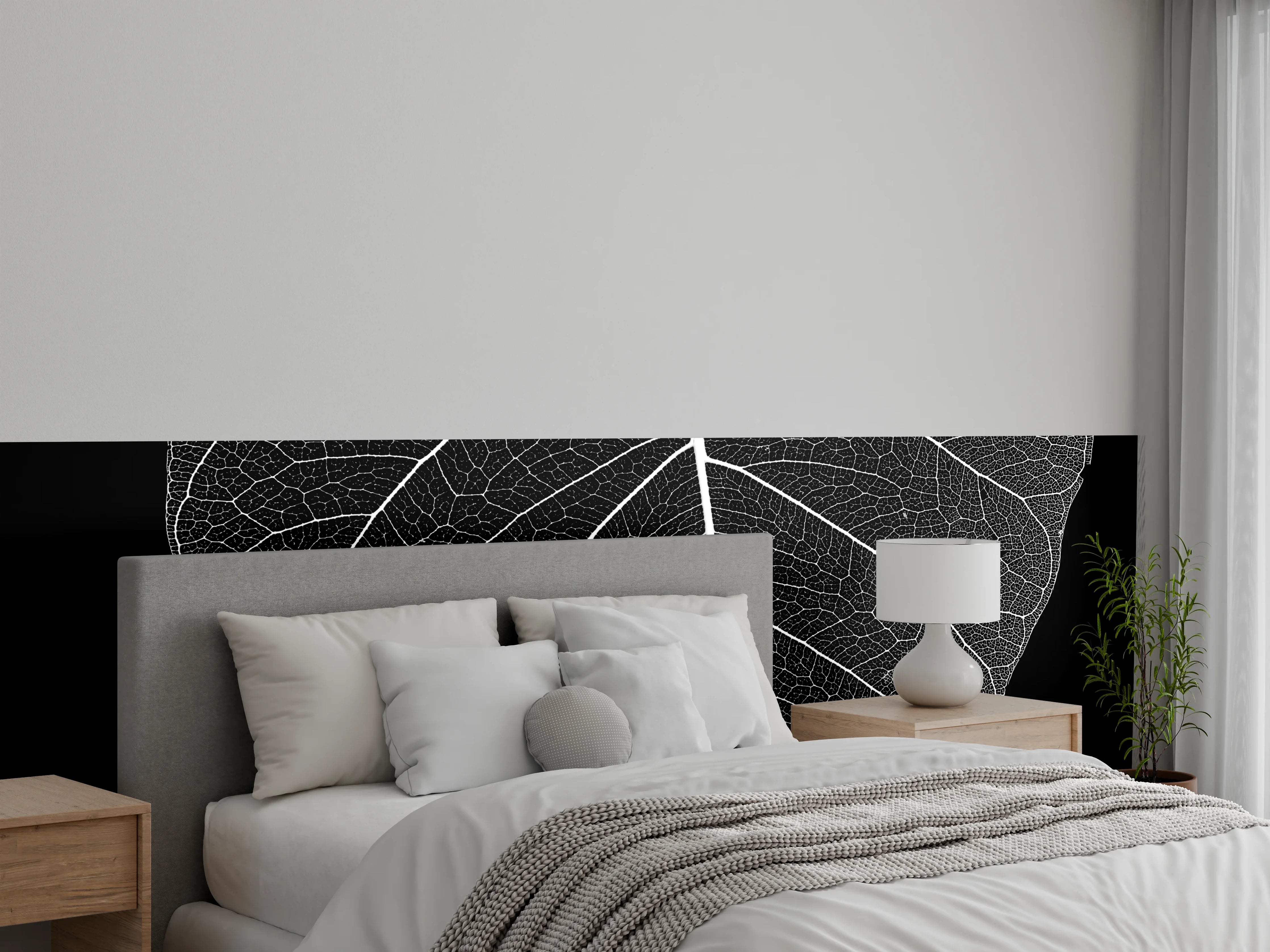 Wandverkleidung Schlafzimmer - Weißes Skelettblatt auf Schwarz, elegant