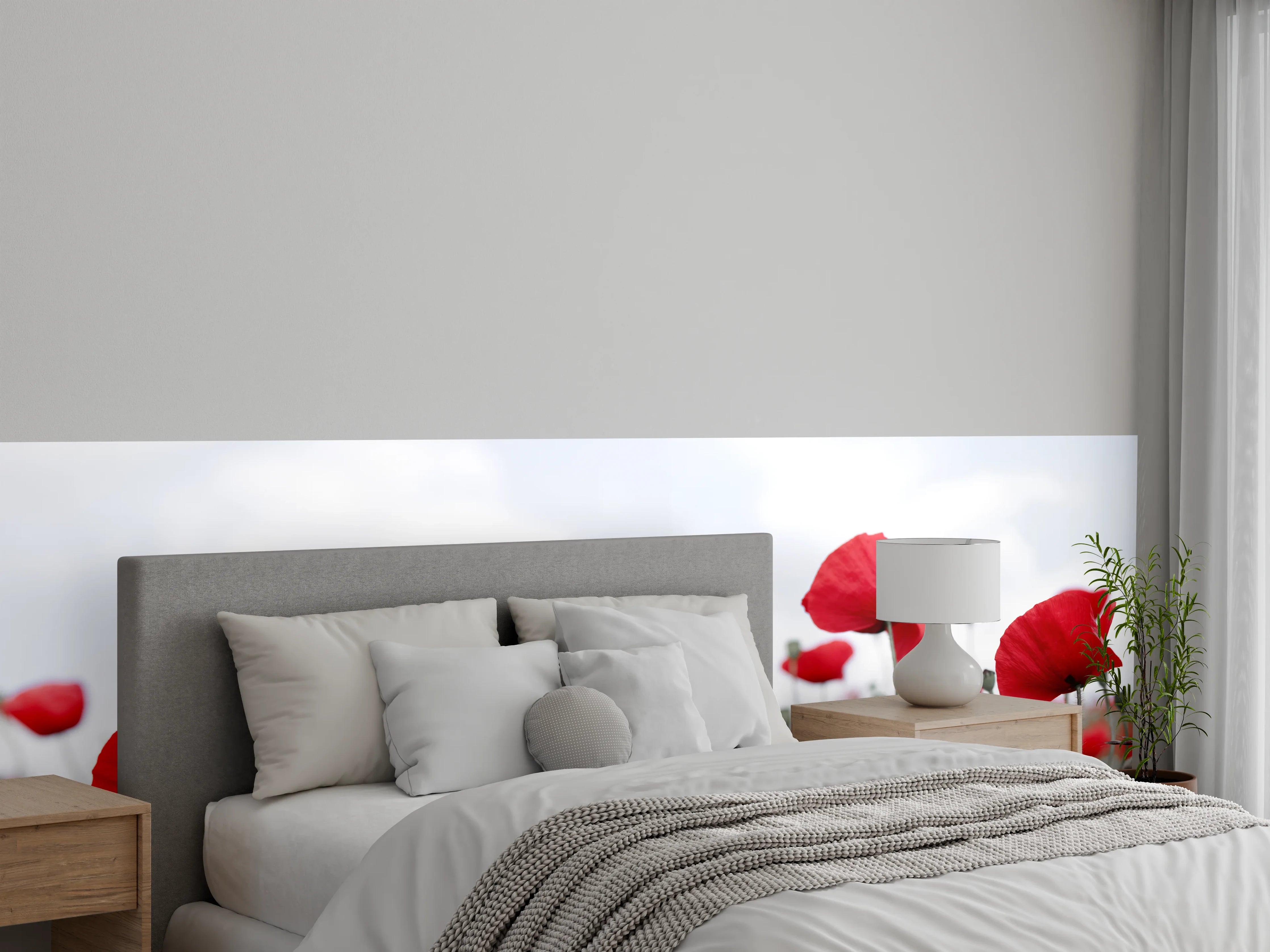 Wandverkleidung Schlafzimmer - Weites rotes Mohnfeld Panorama