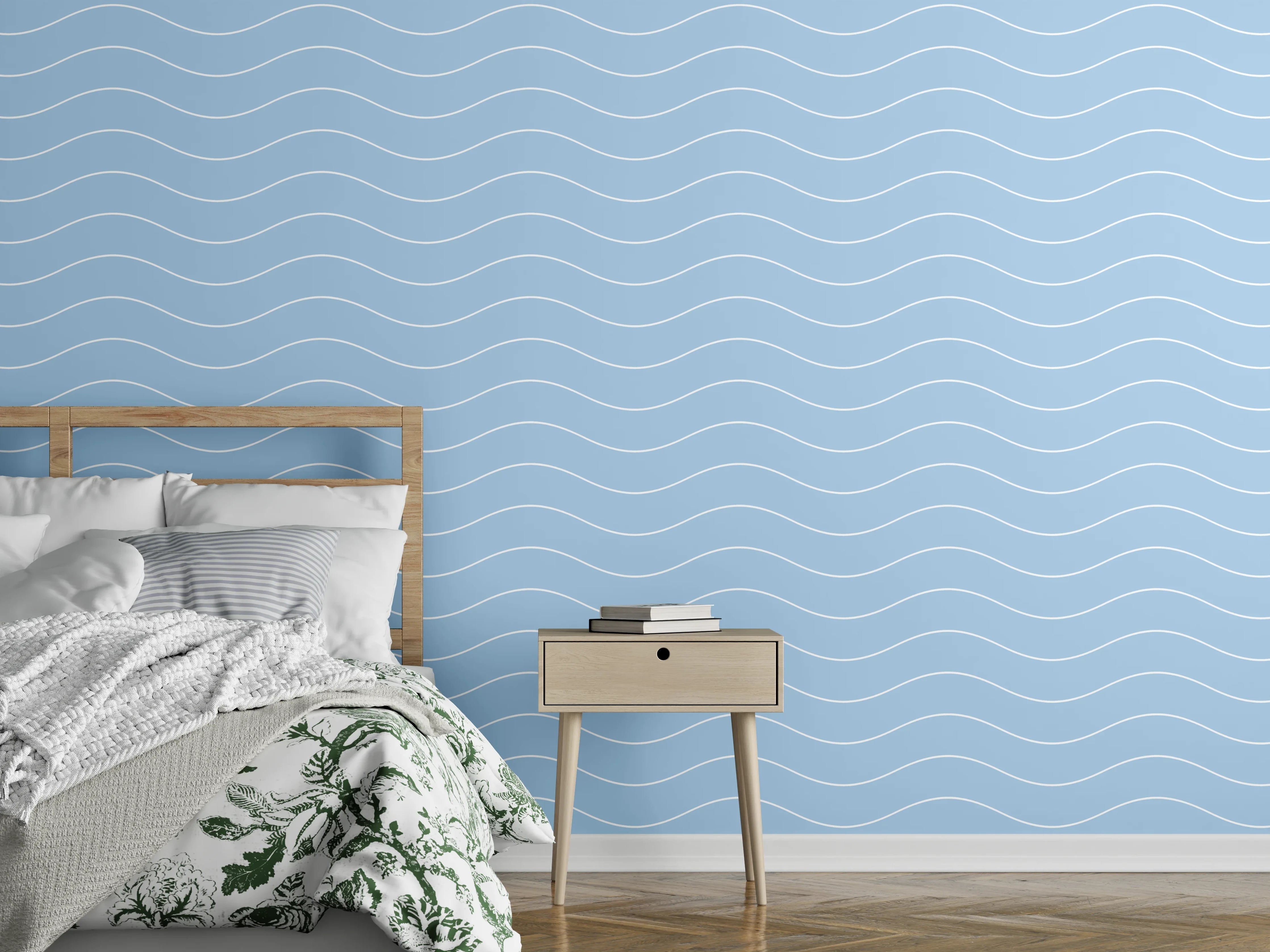 Wandverkleidung Schlafzimmer - Wellen-Linien in sanftem Blau
