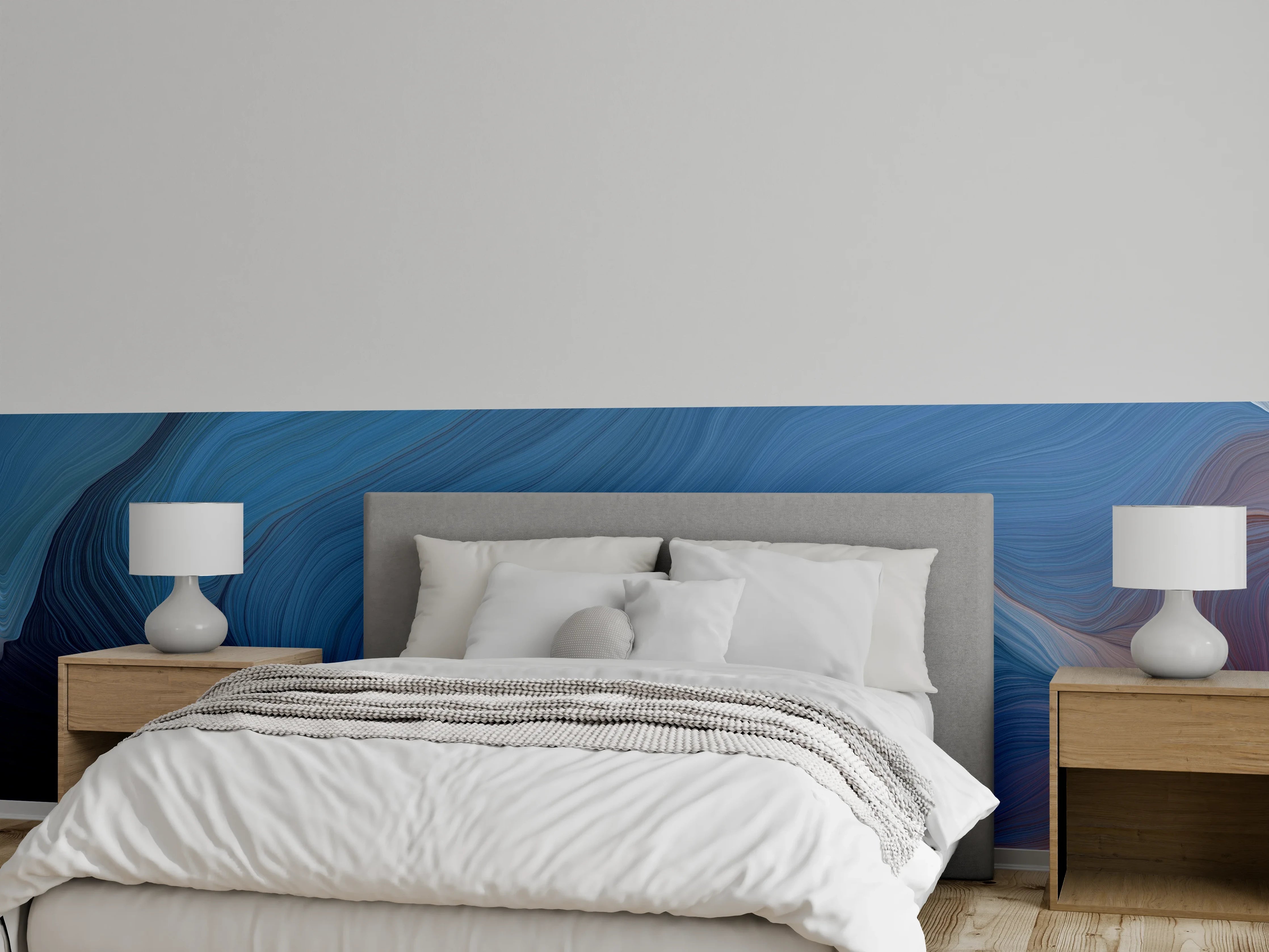 Wandverkleidung Schlafzimmer - Wellenflüsse in Blau und Grauweiß