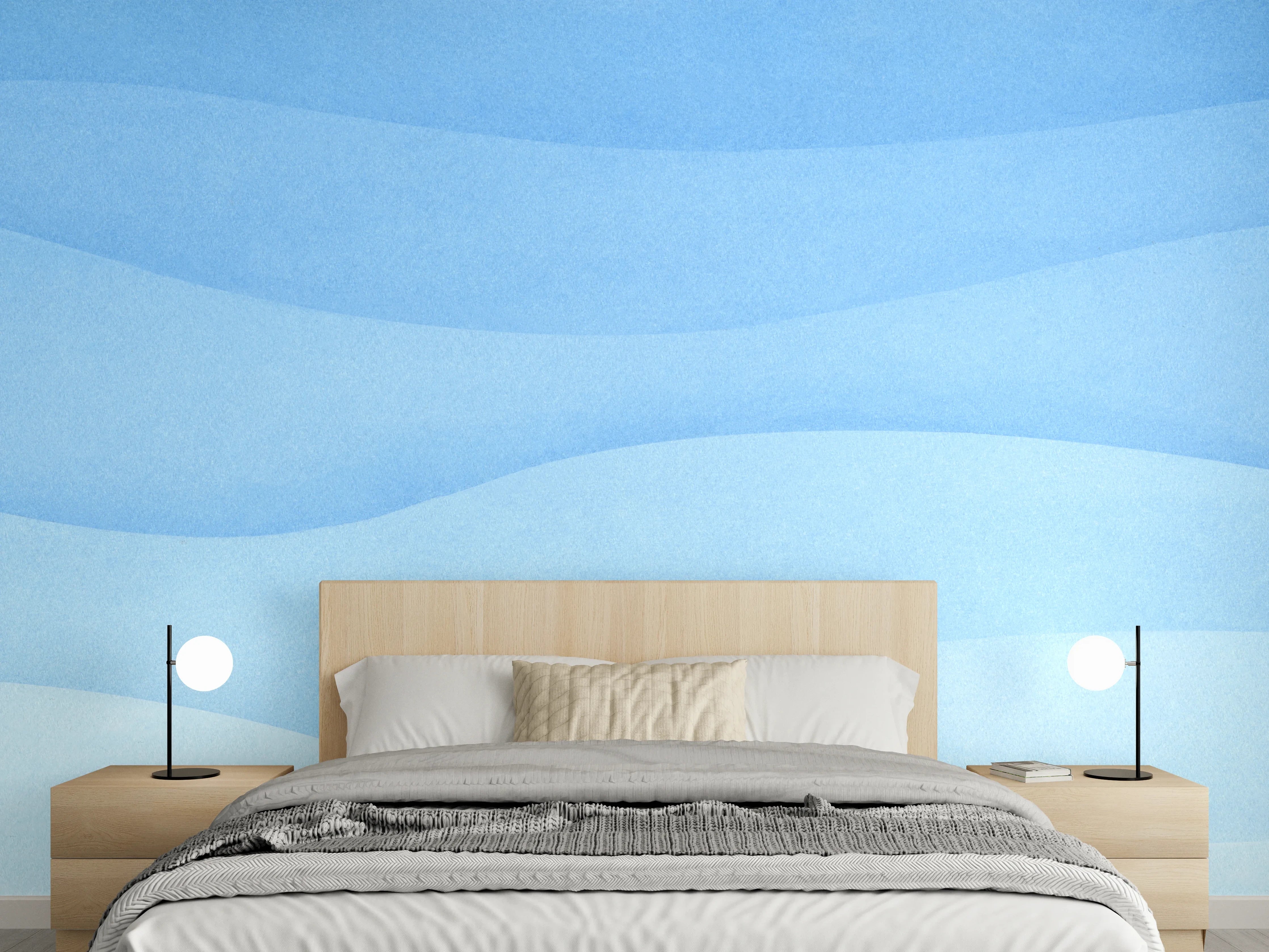 Wandverkleidung Schlafzimmer - Wellenförmiges Aquarell in Blautönen