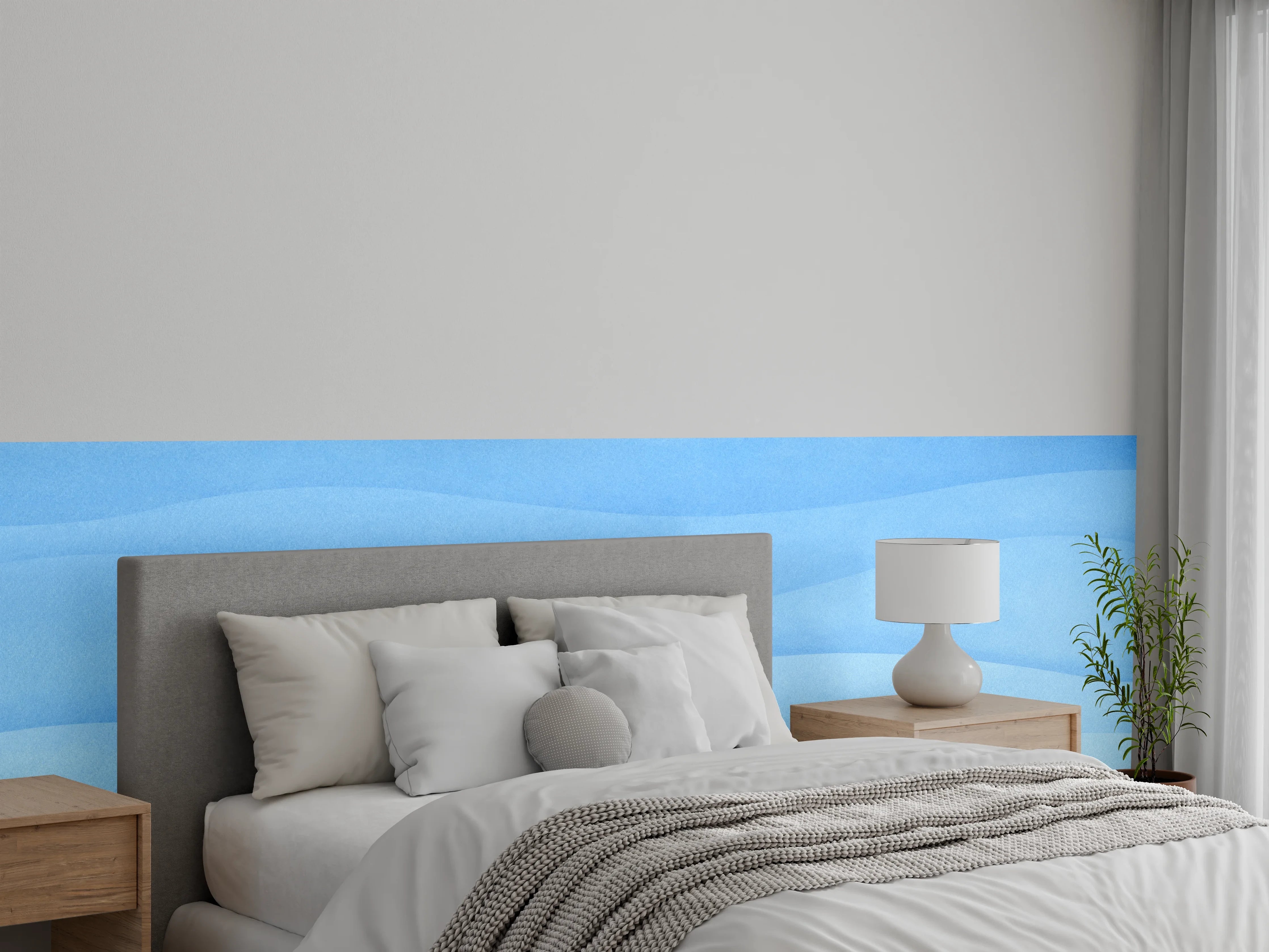 Wandverkleidung Schlafzimmer - Wellenförmiges Aquarell in Blautönen