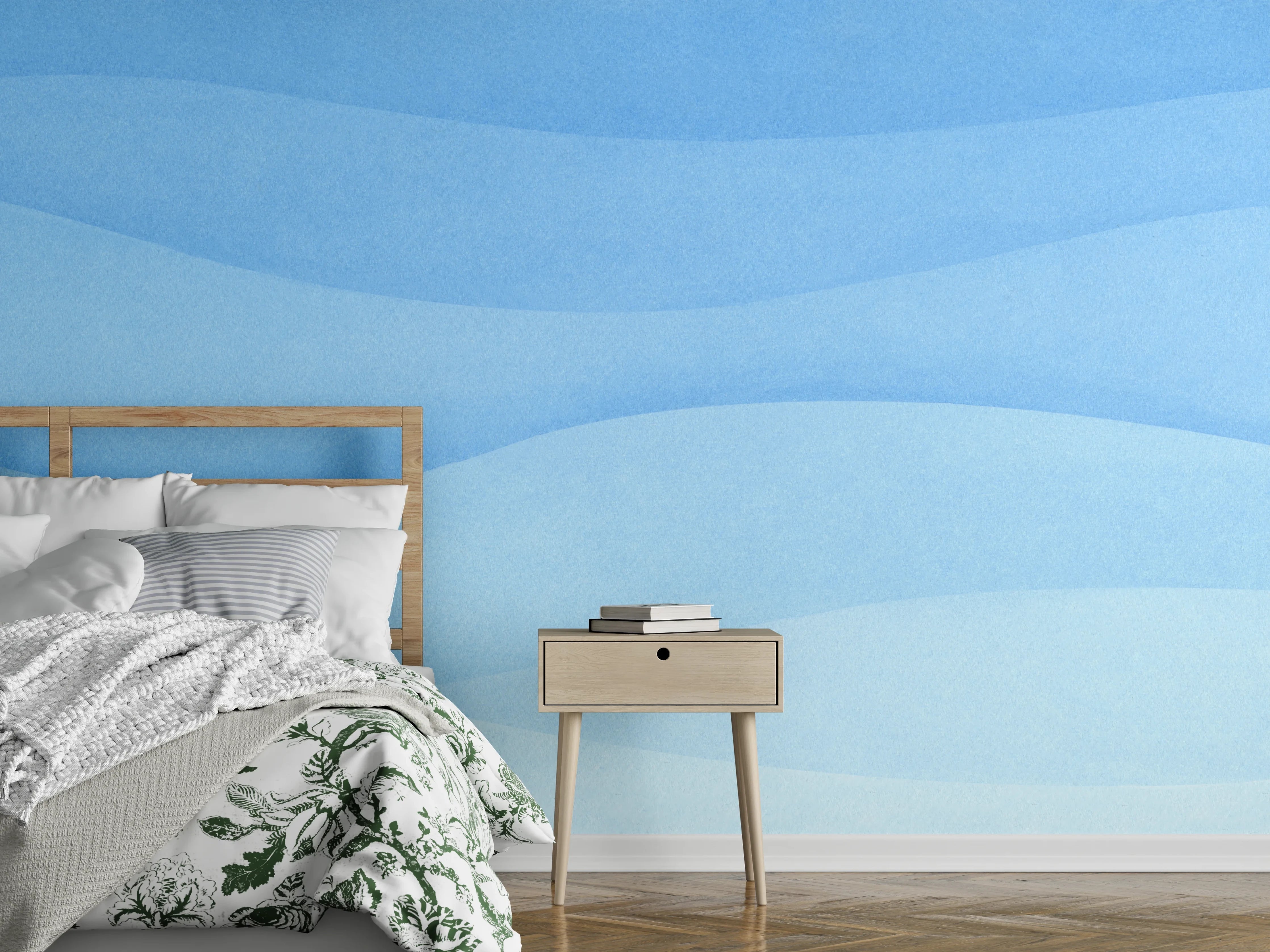 Wandverkleidung Schlafzimmer - Wellenförmiges Aquarell in Blautönen