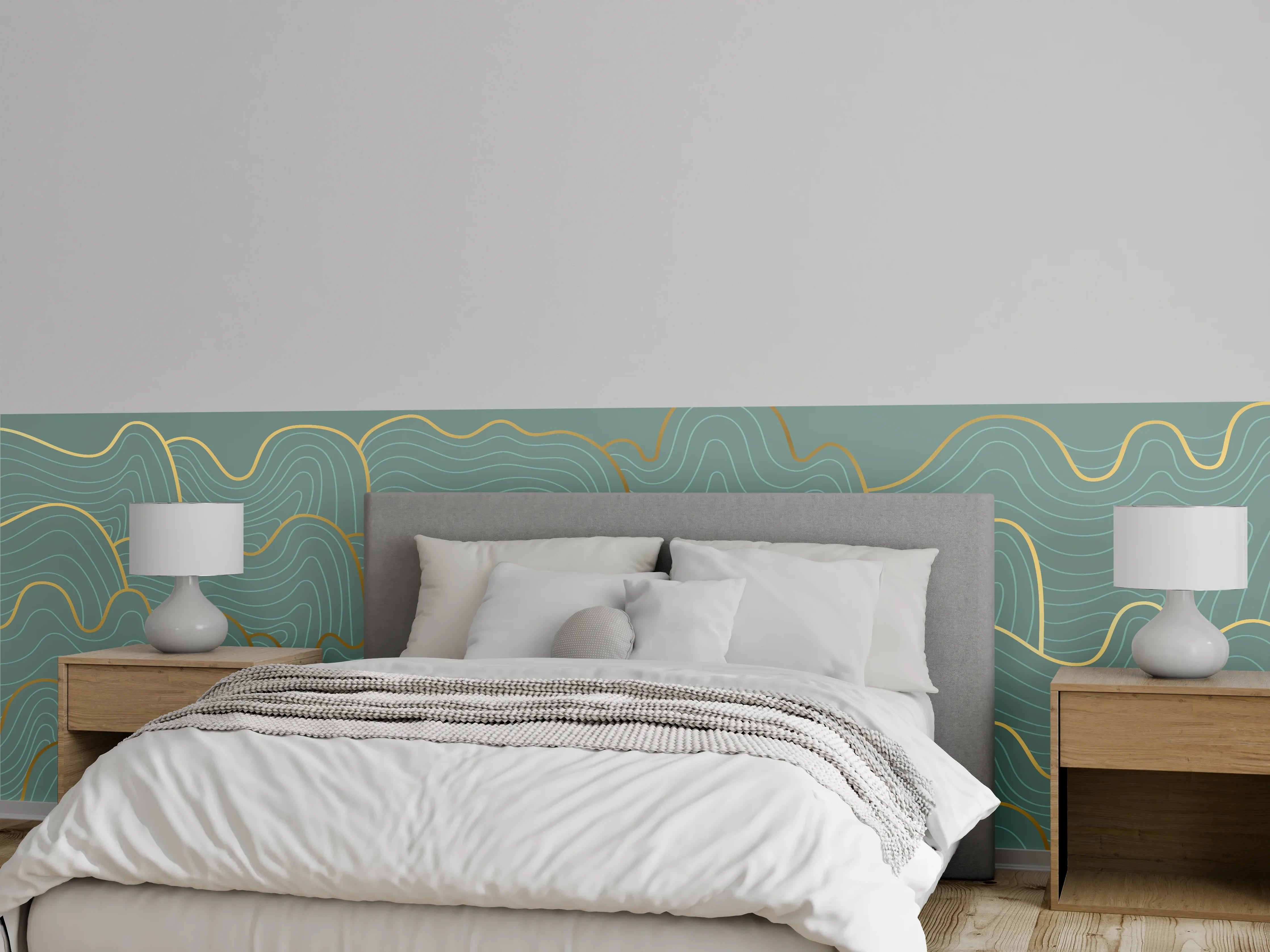 Wandverkleidung Schlafzimmer - Wellenmuster Blau-Gold
