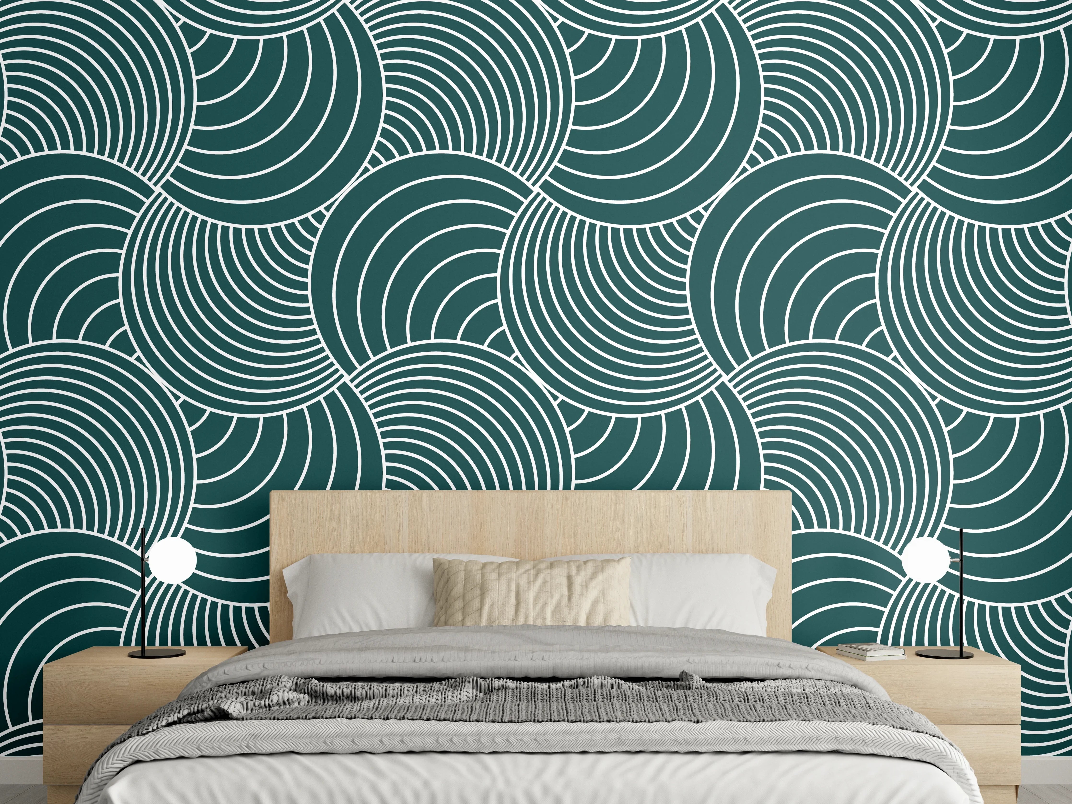 Wandverkleidung Schlafzimmer - Wellenmuster-Tapete in Dunkelgrün Weiß