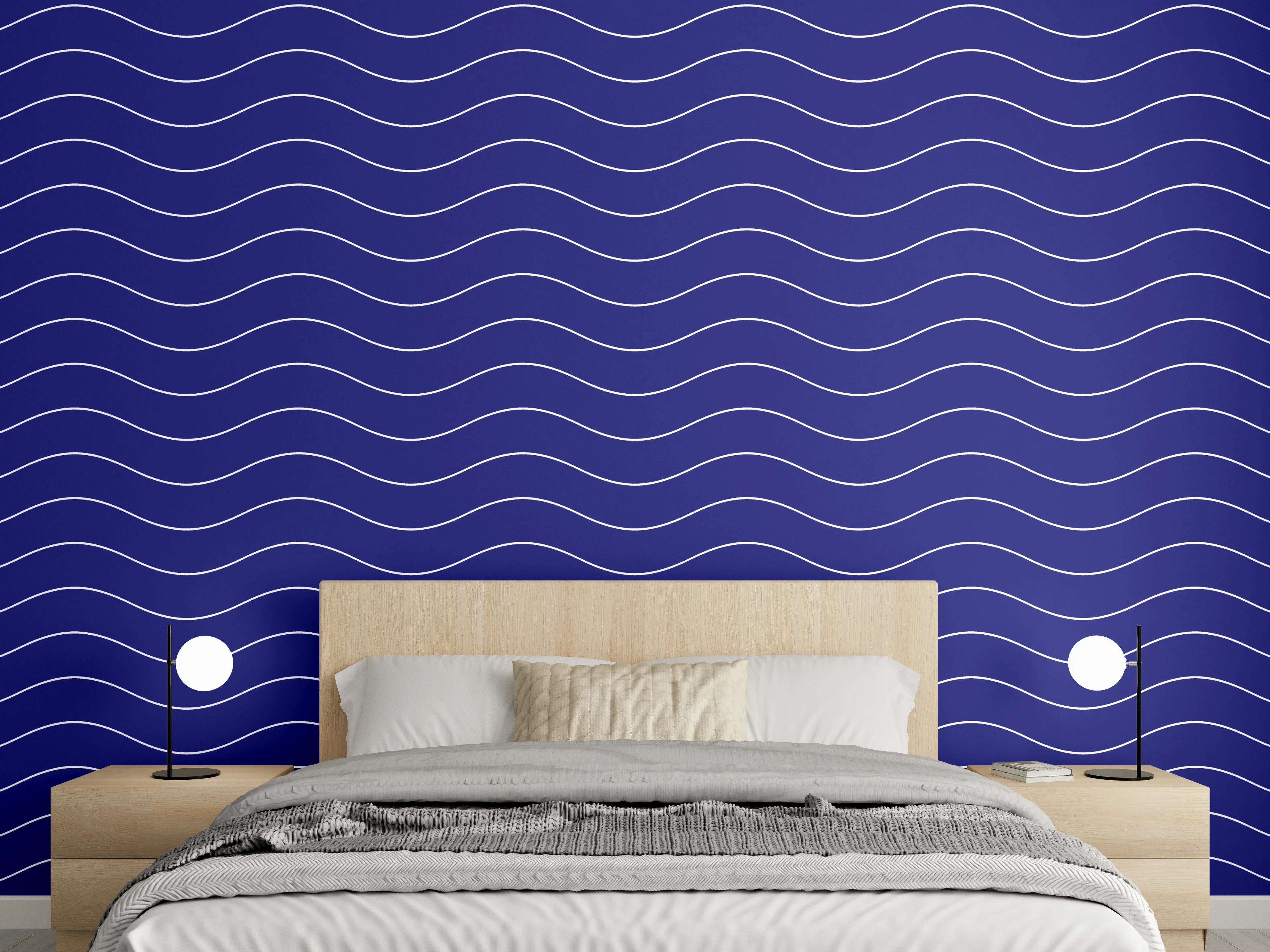 Wandverkleidung Schlafzimmer - Wellenmuster auf navyblauem Hintergrund