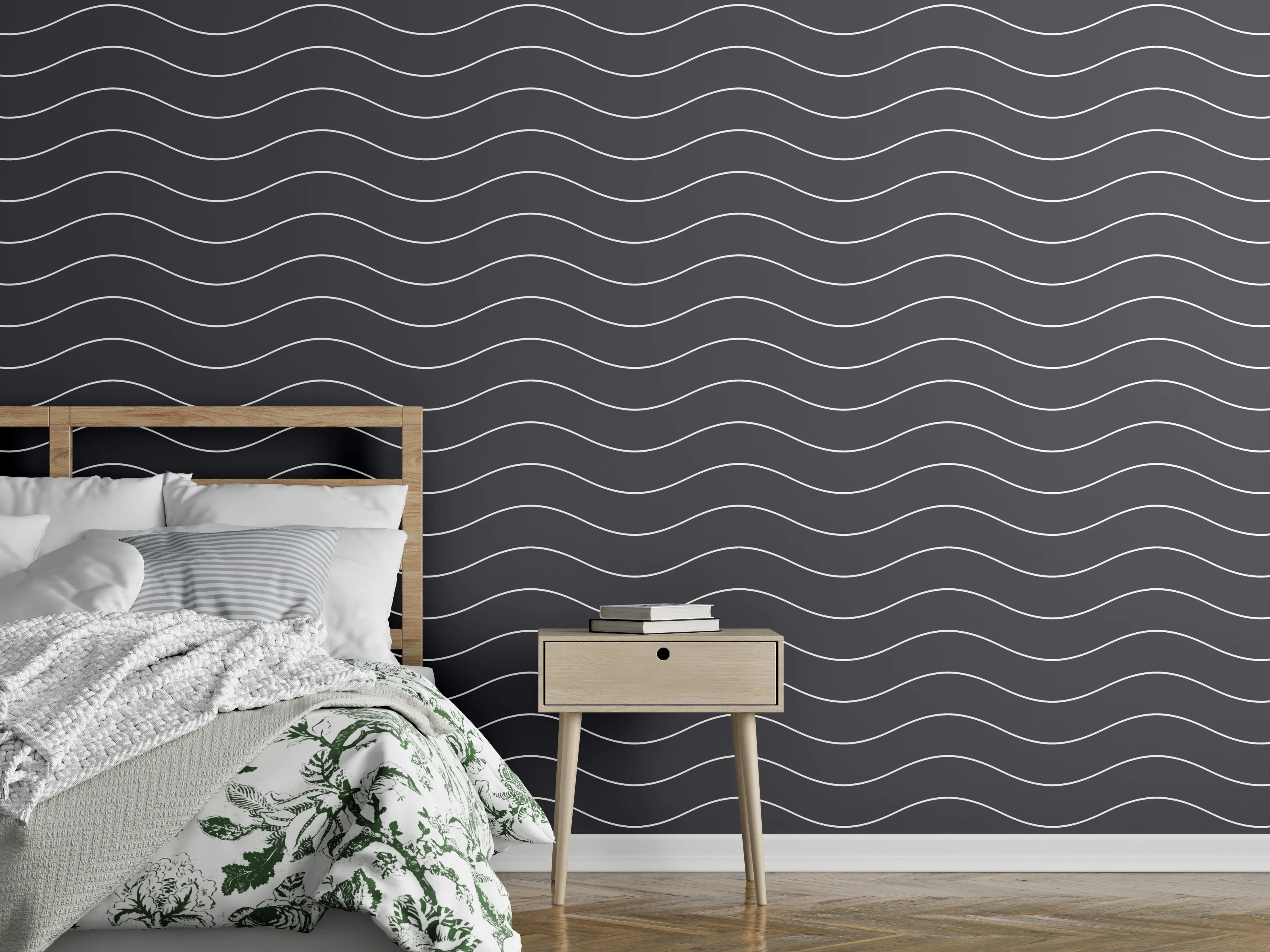 Wandverkleidung Schlafzimmer - Wellenmuster schwarz-grau Minimal Design