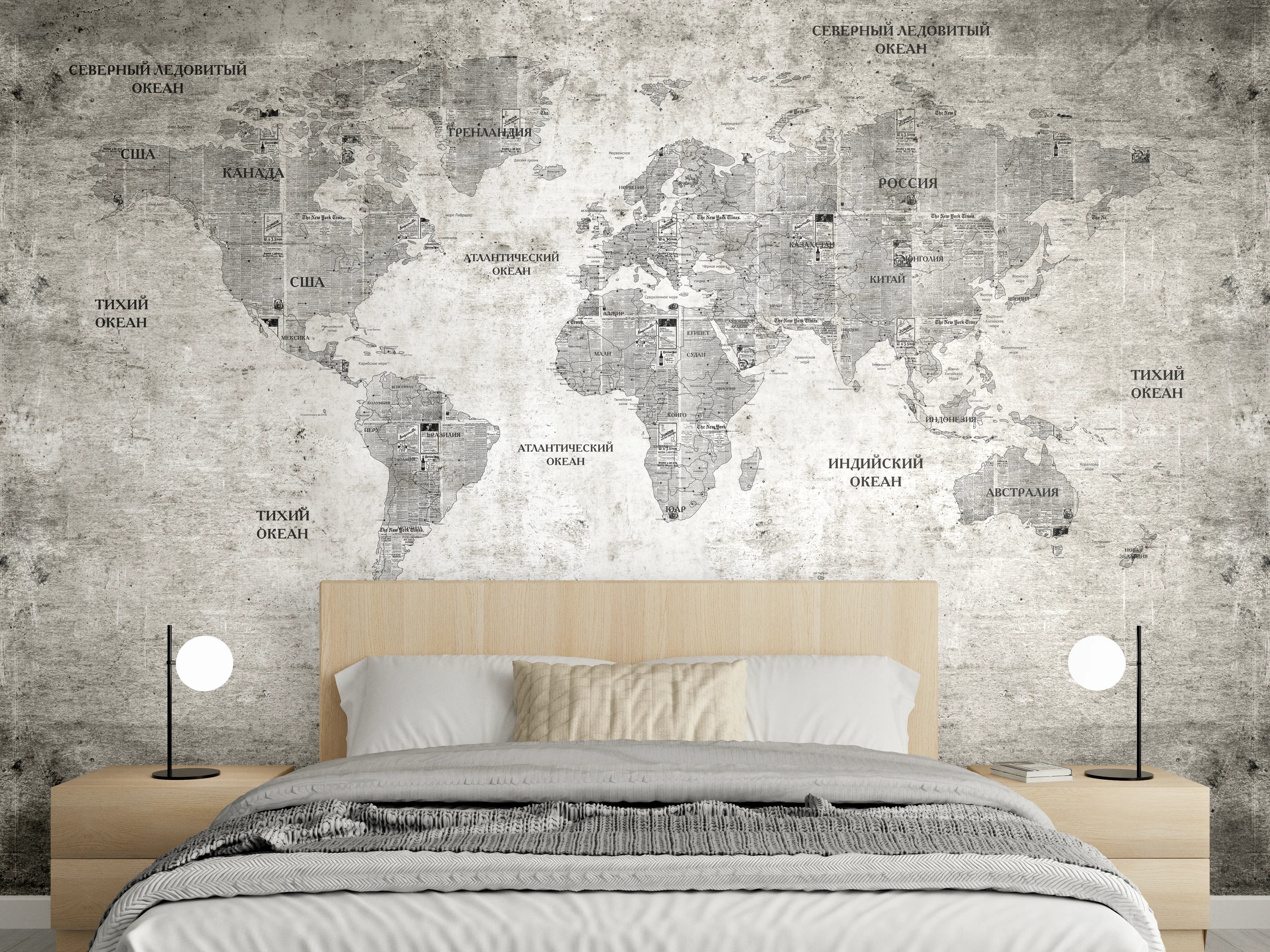 Wandverkleidung Schlafzimmer - Weltkarte Vintage Grau Weiß