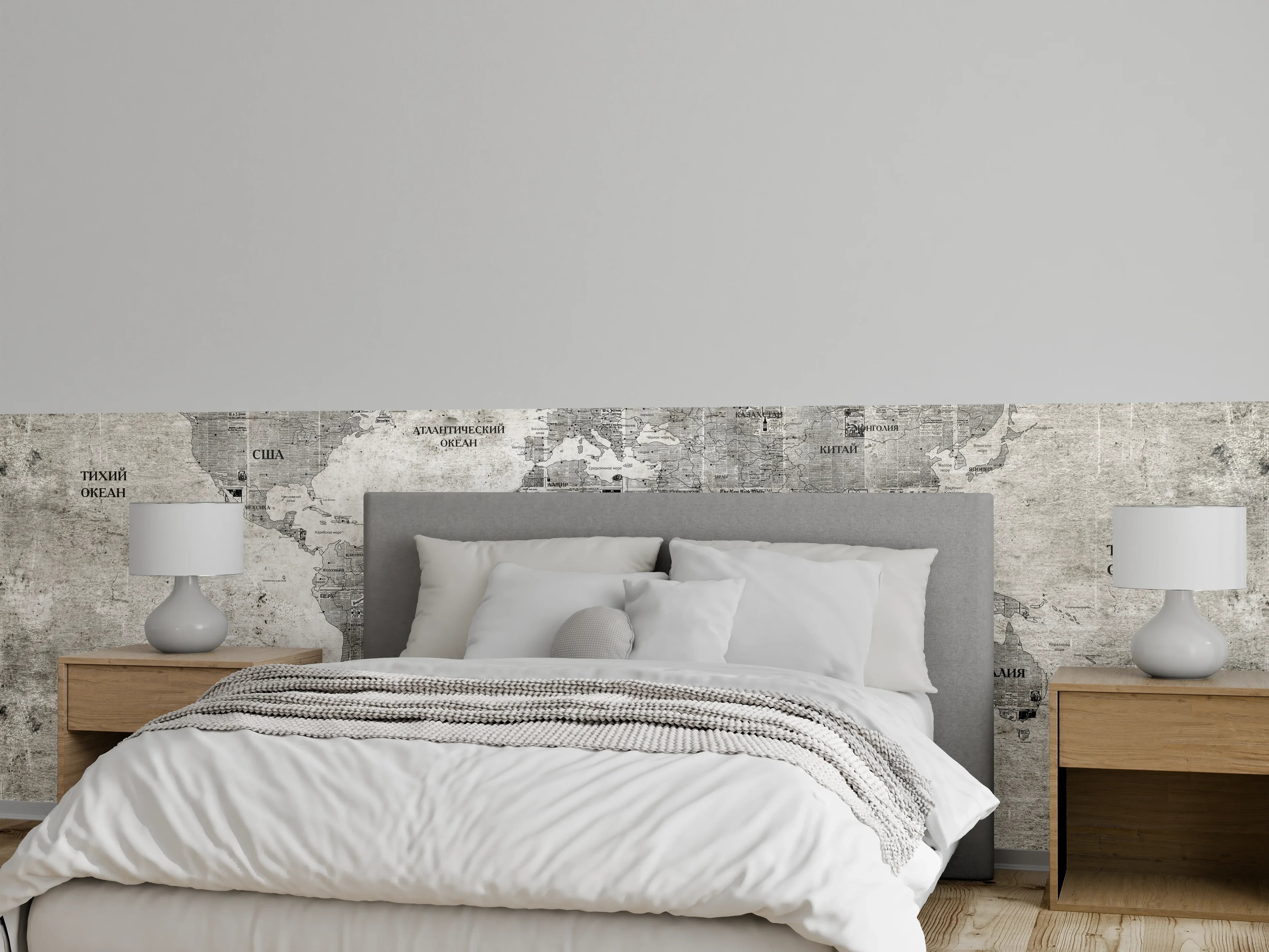 Wandverkleidung Schlafzimmer - Weltkarte Vintage Grau Weiß