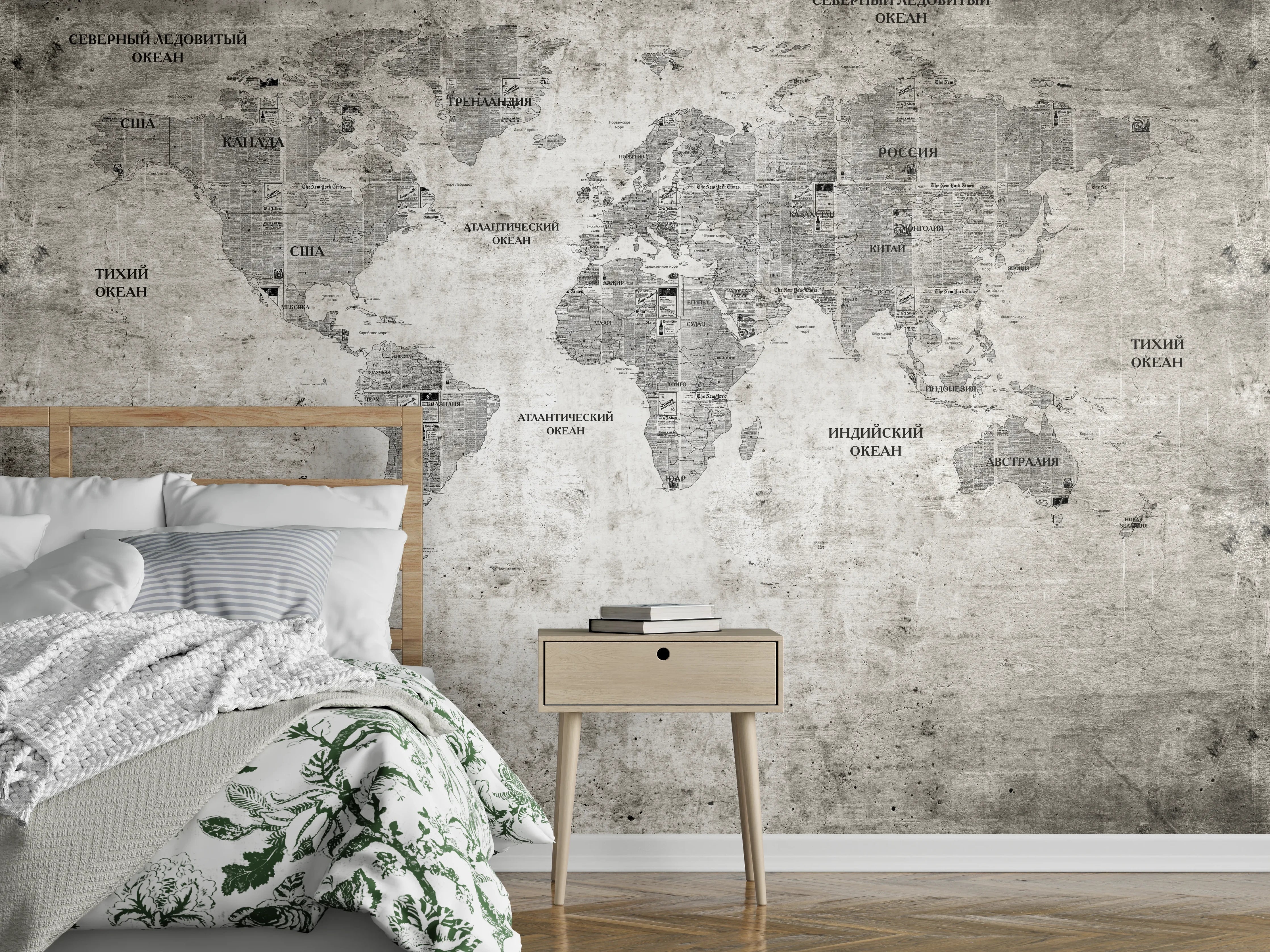 Wandverkleidung Schlafzimmer - Weltkarte Vintage Grau Weiß